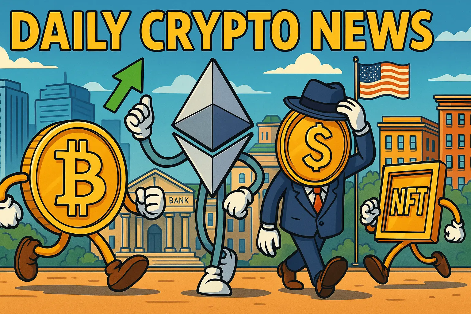 仮想通貨の擬人化キャラクターが街中を歩く様子。ビットコインやイーサリアム、ステーブルコイン、NFTが明るい色彩で描かれている。