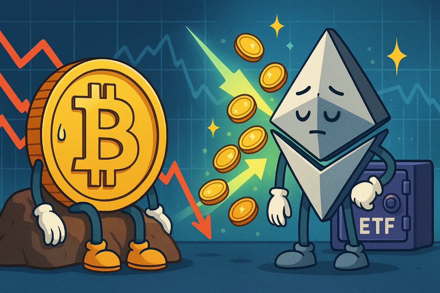ビットコインとイーサリアムのキャラクターが市場調整を象徴するイラスト