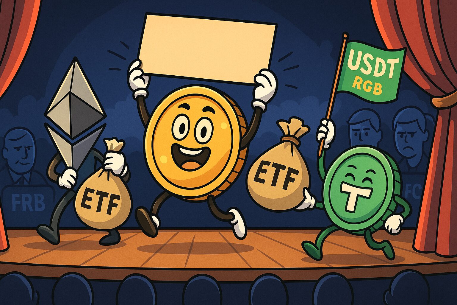 擬人化されたビットコイン・イーサリアム・テザーがETFやUSDTを象徴する小道具を持ち、規制当局を背景に舞台で演じる風刺的イラスト