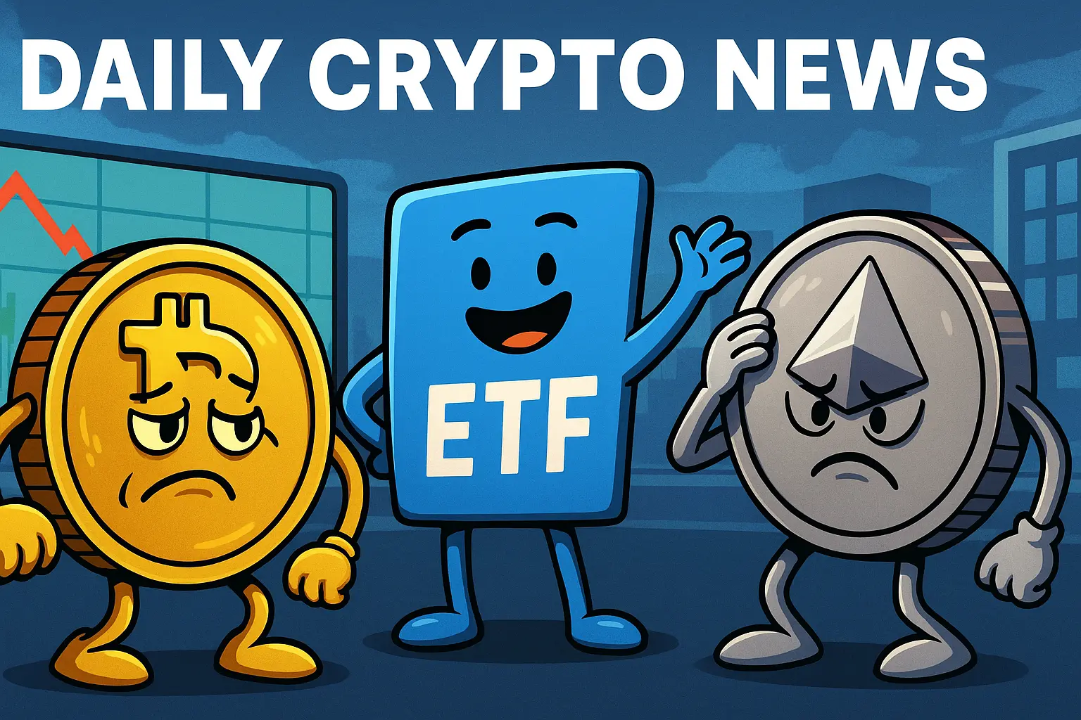 ビットコインとイーサリアムが下落で苦悩する様子と、ETFが対照的に元気な姿で描かれた風刺的イラスト