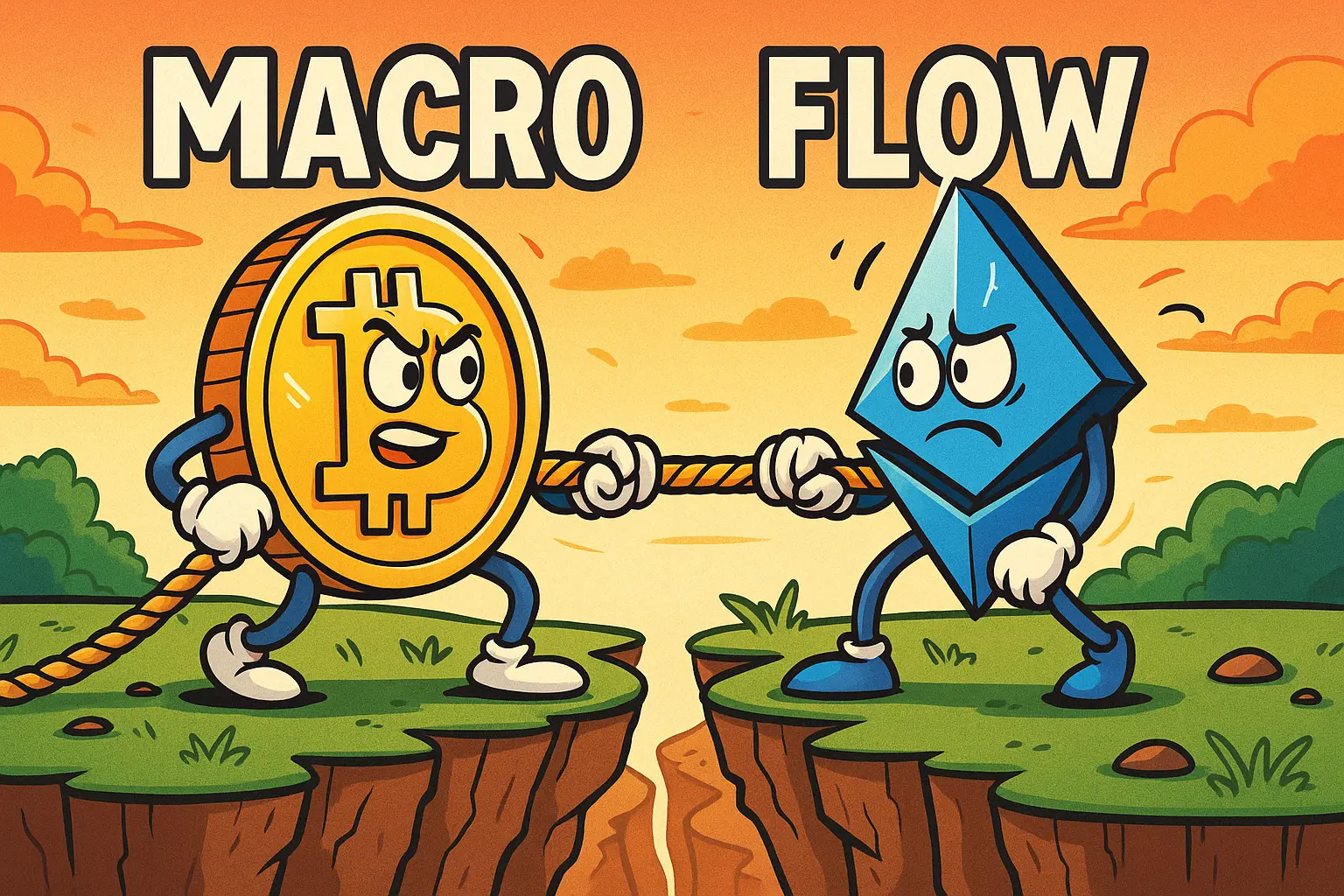ビットコインとイーサリアムがマクロ要因とETFフローを綱引きで表現した風刺イラスト
