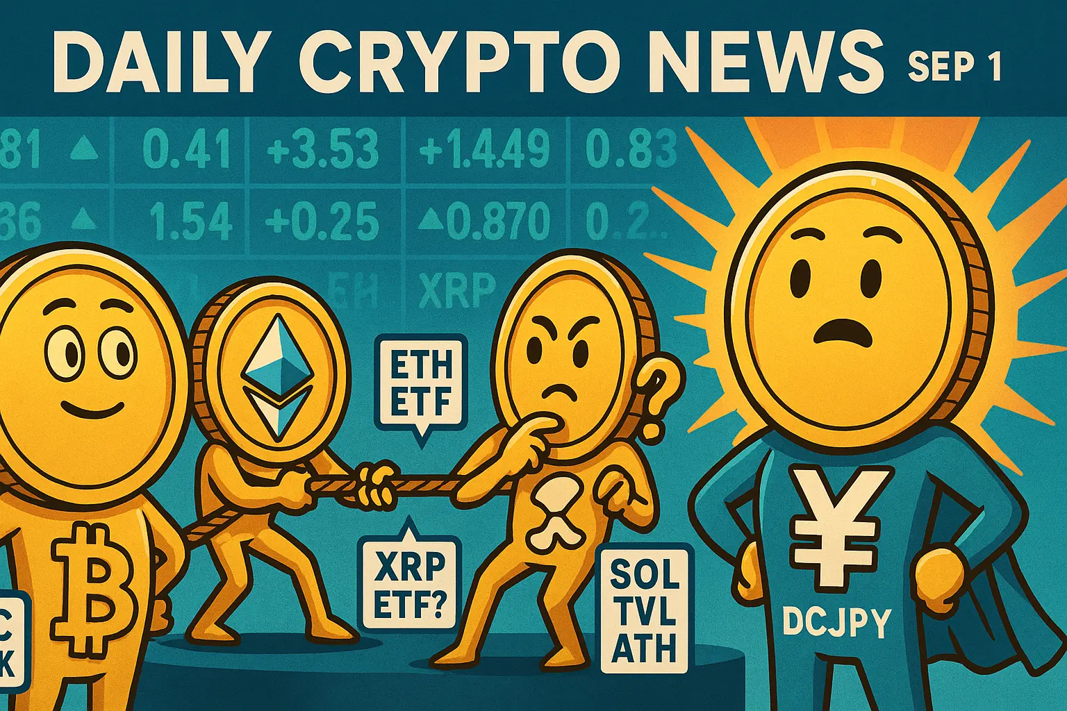 ビットコイン横ばい、ETH資金フローのねじれ、XRP現物ETF観測、SOLのTVL最高、正しい「DCJPY」と円記号（¥）を描いた擬人化コインの横長イラスト