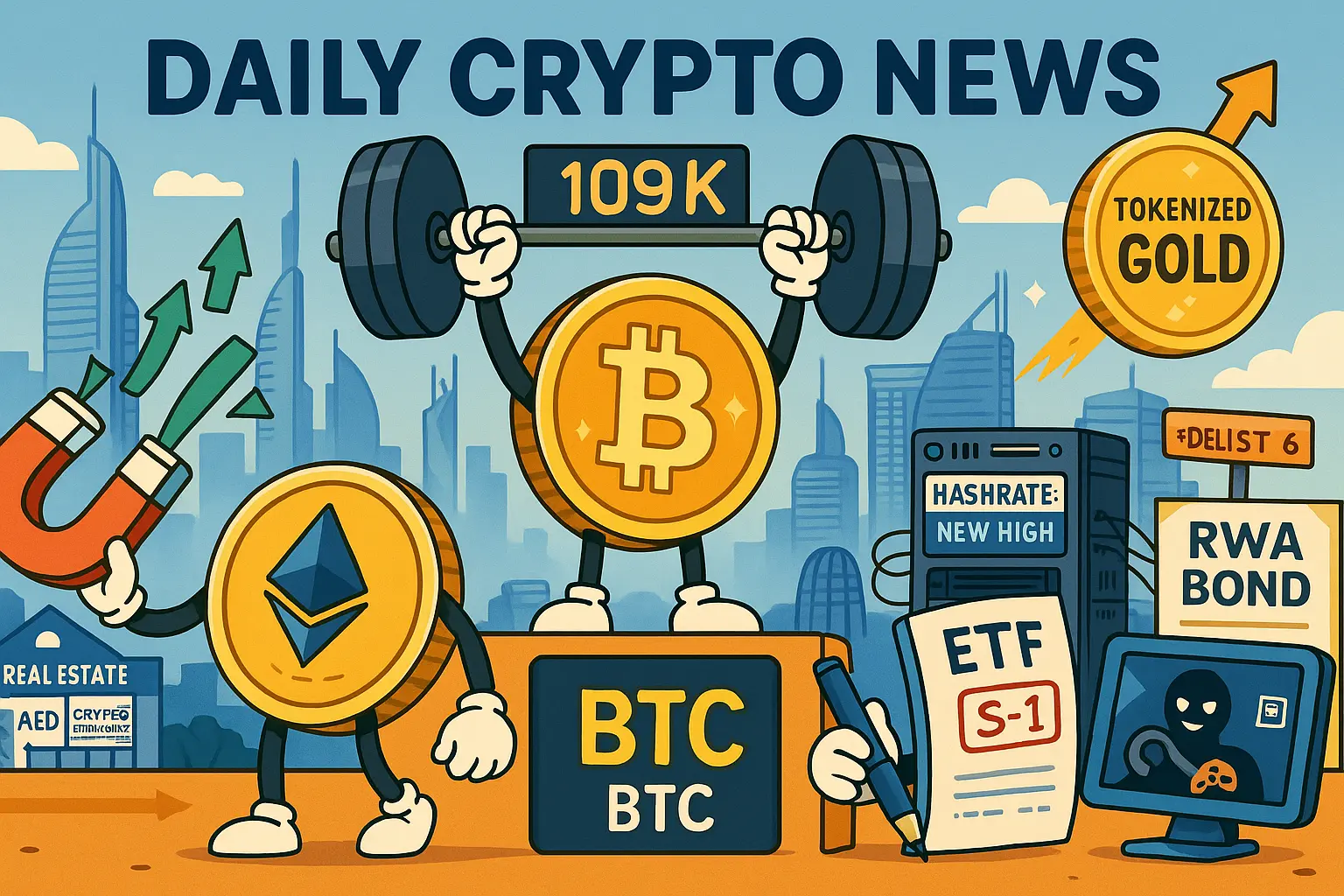 ビットコイン・イーサリアム・ソラナを擬人化し、ETH資金回帰、SOL現物ETFのS-1改訂、RWA公募債、BTCハッシュレート更新を示す編集イラスト