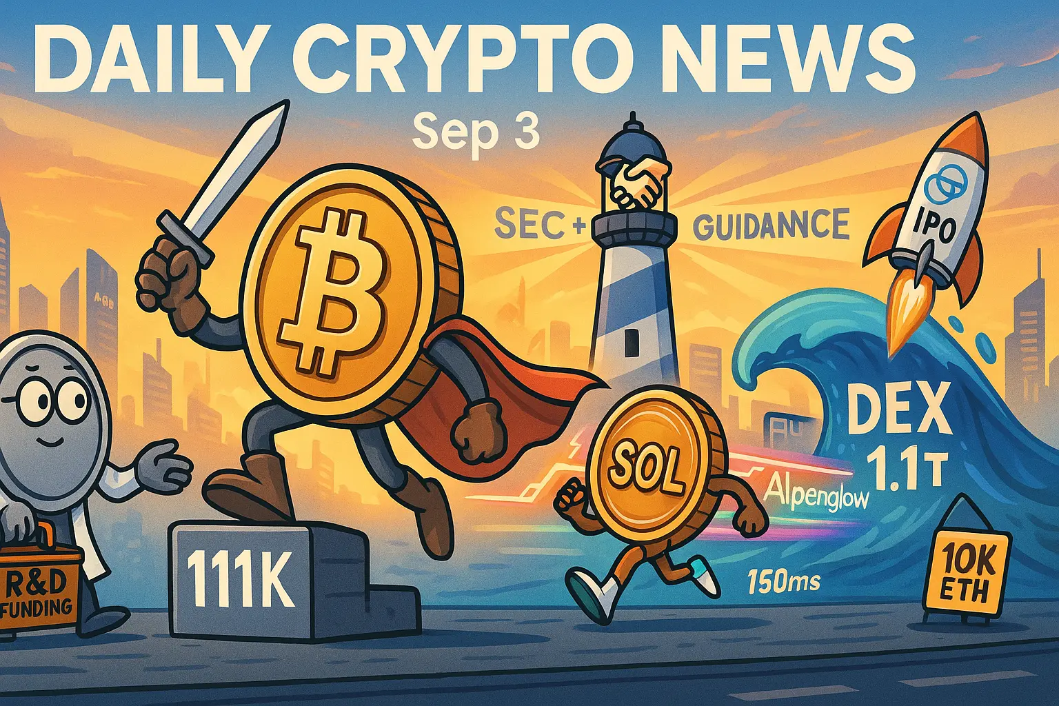 BTC・ETH・SOLを擬人化し、SEC・CFTCの共同指針、Solana「Alpenglow」150ms、DEX出来高1.1兆ドル、Gemini IPO、ETH財団1万ETH売却を一枚で表現したアイキャッチ（2025年9月3日）
