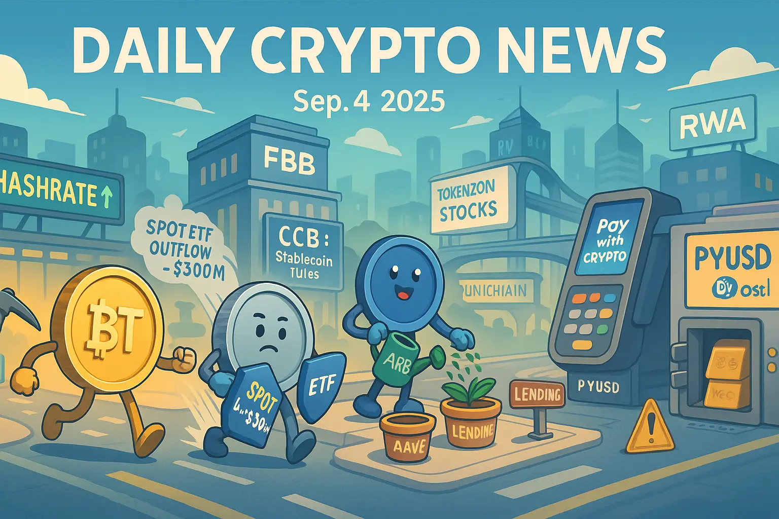 ビットコイン・イーサリアム・アービトラム・ソラナを擬人化し、ハッシュレート上昇、ETH現物ETF流出、DRIPインセンティブ、Pay with Crypto、RWAトークン化など当日のテーマを風刺的に配置した横長アイキャッチ画像。