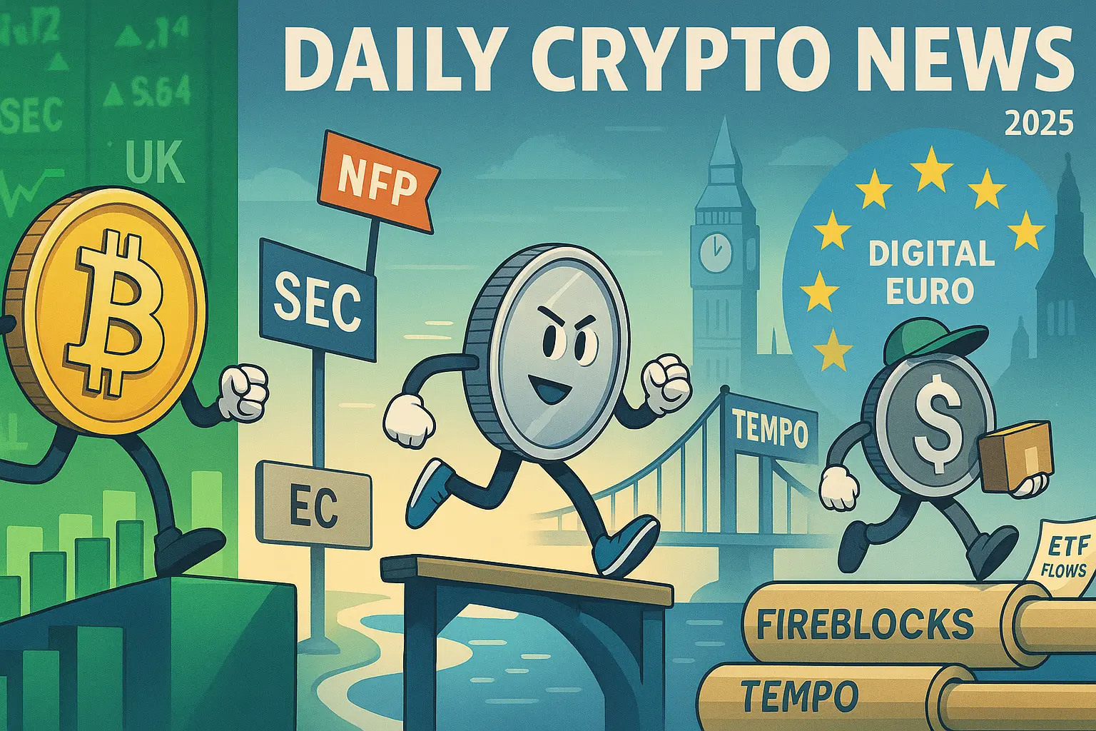 ビットコイン・イーサリアム・ステーブルコインを擬人化したキャラクターが、SECや英AML、デジタルユーロ、TempoとFireblocksの決済レールを背景に駆け抜ける様子を描いたアイキャッチ。BTCは小反落、ETHは出来高増、制度と実需が交差する一日を表現。