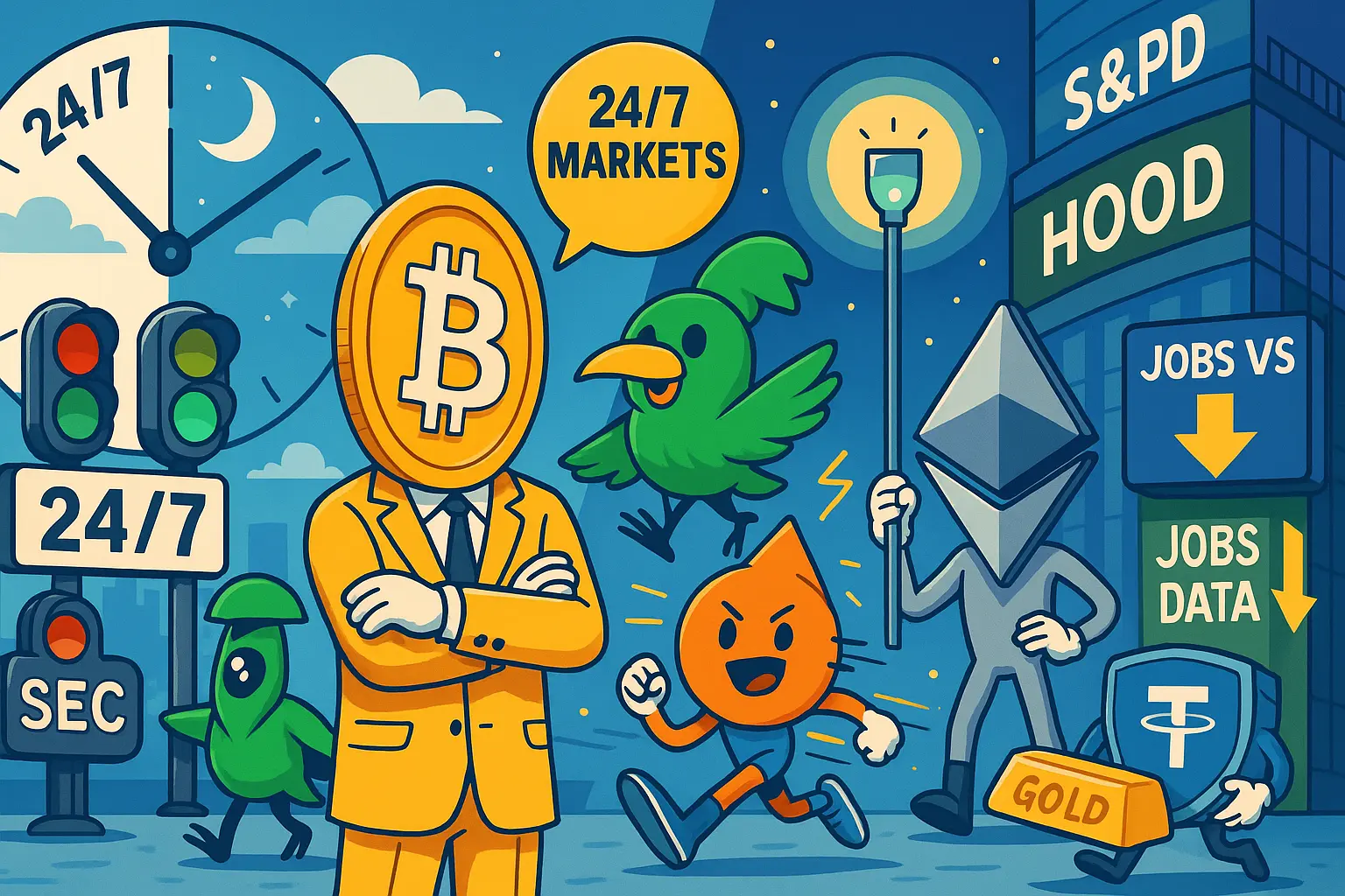 ビットコイン・イーサリアム・ソラナを擬人化し、24/7市場構想や雇用統計、ETFフロー、S&P500採用、Nasdaq上場、Tetherの金投資を象徴的に描いた横長イラスト