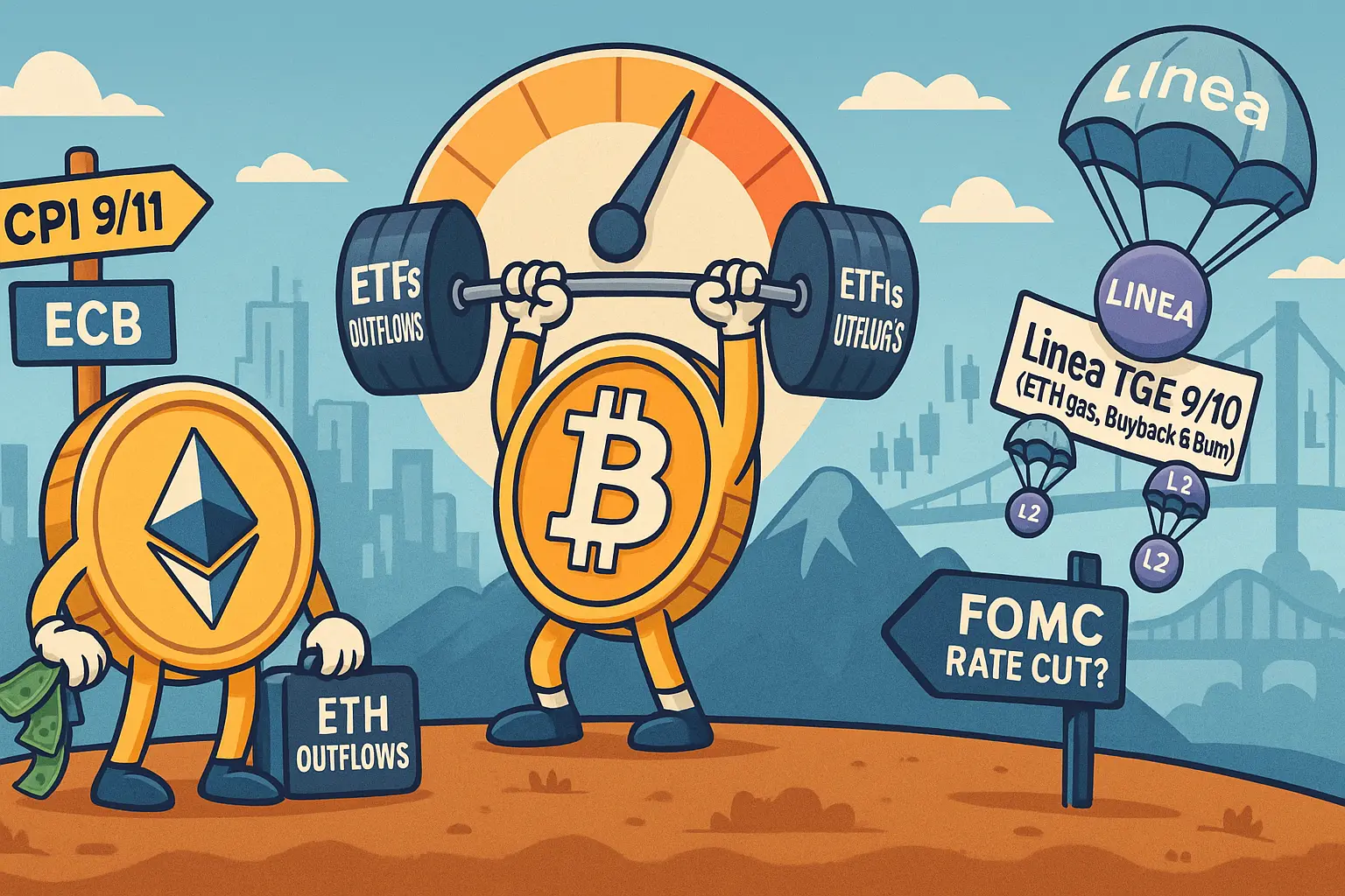 ETH現物ETFの資金流出、FOMC利下げ観測、BTC難易度ATH、LineaのTGEを、擬人化したコインと英字看板で風刺的に描いた横長イラスト。都市の背景とチャート要素でニュース性を表現。