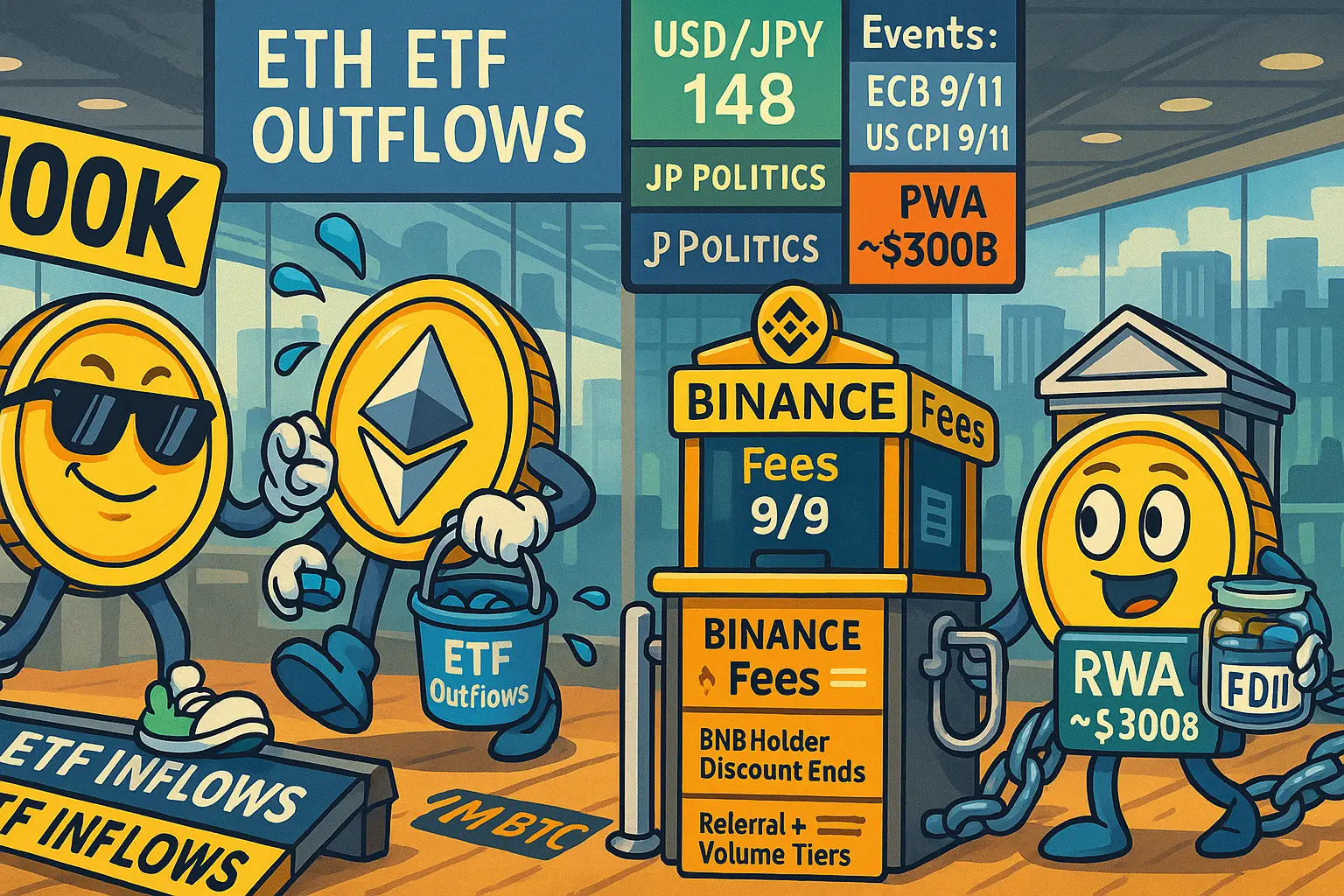 ビットコインの10万ドル維持、ETH現物ETFの資金流出、Binanceの手数料改定、RWAトークン化約3,000億ドル、USD/JPY148や今週のECB・米CPIなどを風刺した横長イラスト