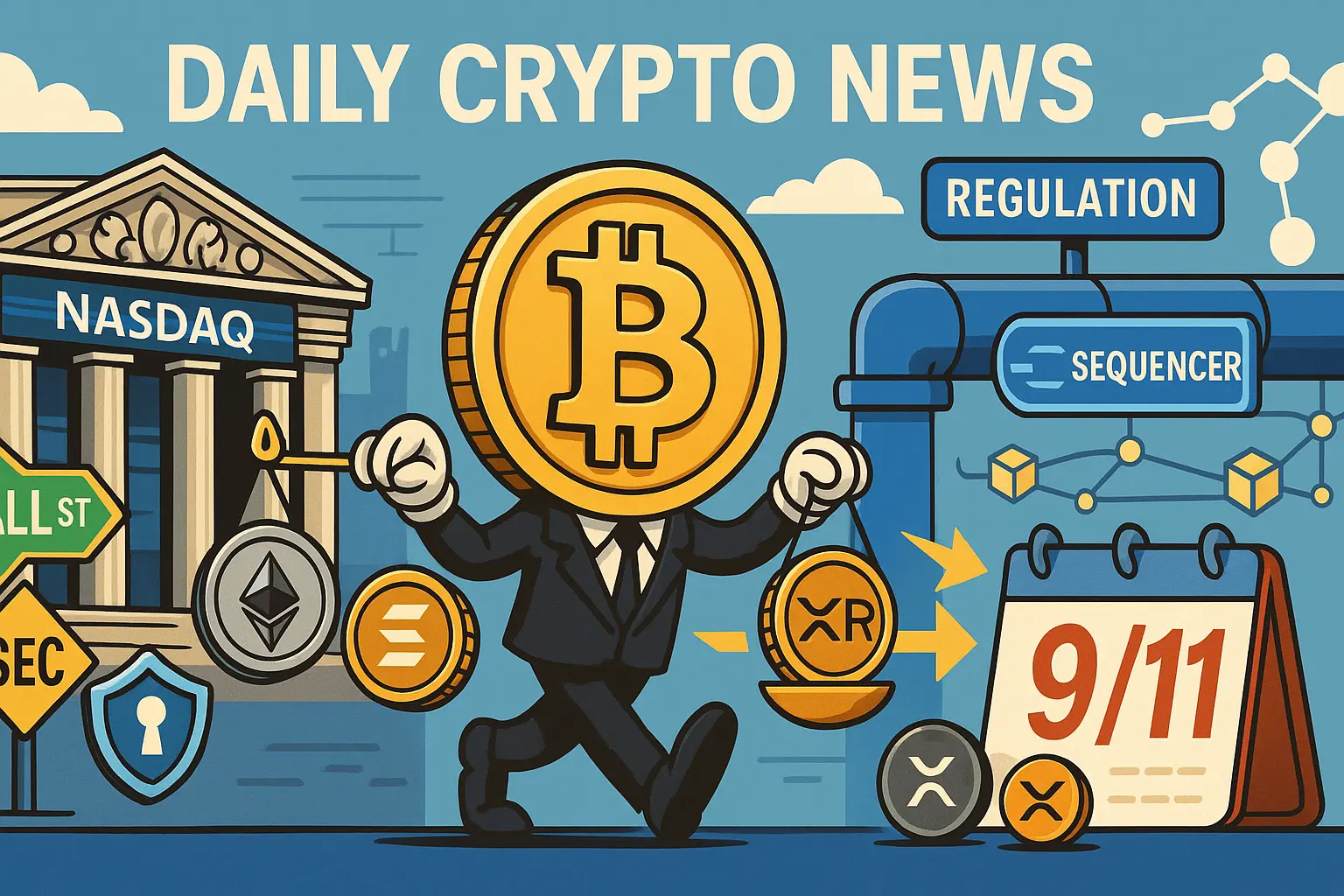 株式トークン化とL2規制を象徴する背景に、擬人化したコインがETH・SOL・XRPの資金移動を示す。カレンダーや規制サイン、セキュリティ盾で政策・安全面も示唆。