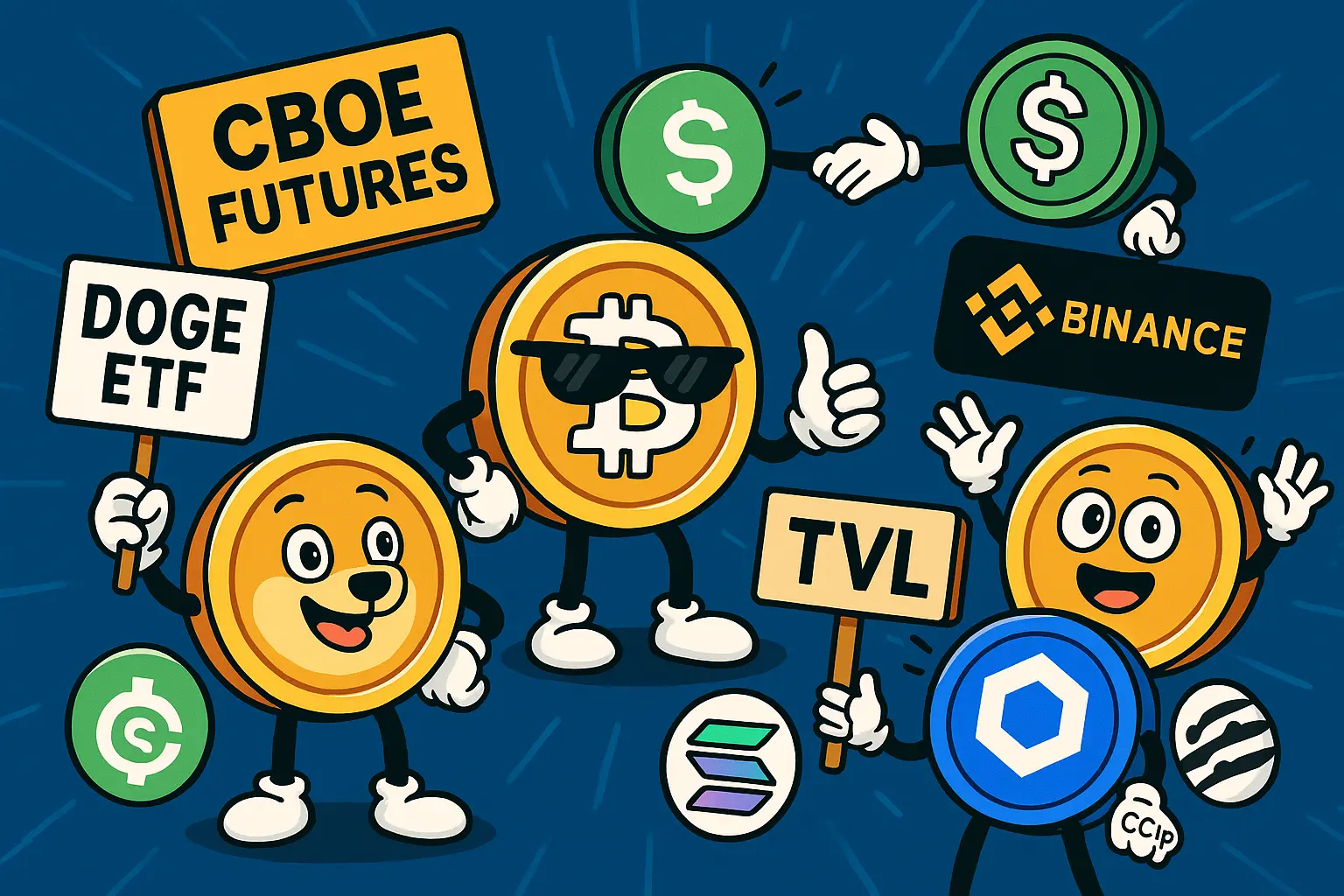 暗号資産ニュースのアイキャッチ。ビットコイン、ドージコインETF、SolanaのTVL更新、CBOEの継続先物、USDeとBinance、Chainlink CCIPとAptosを象徴的に描写。