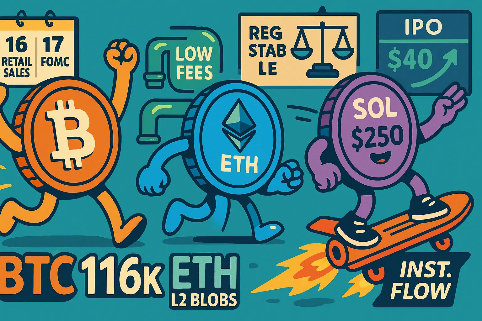 ビットコイン・イーサリアム・ソラナを擬人化し、BTC11.6万ドル、ETH高利用、SOL上昇、USA₮発表とGemini上場を表現した横長イラスト