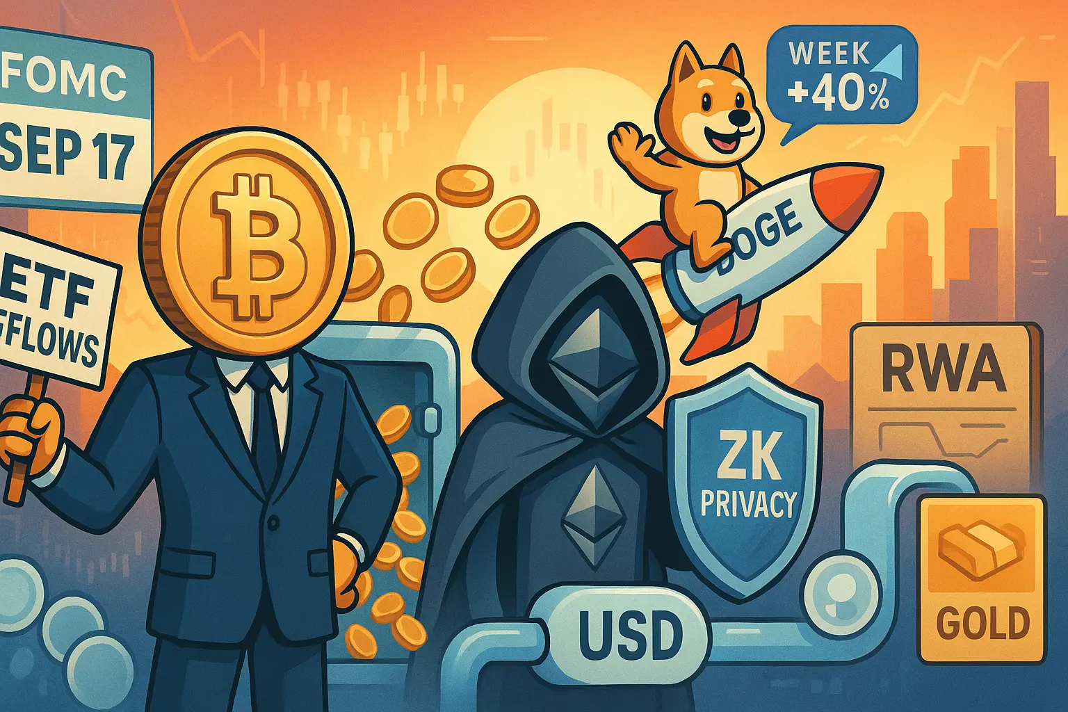ビットコインETF流入、FOMC「9月17日」、DOGEロケット、ETHのZKプライバシー盾、RWAとUSD抽象化パイプを擬人化で表現した横長イラスト