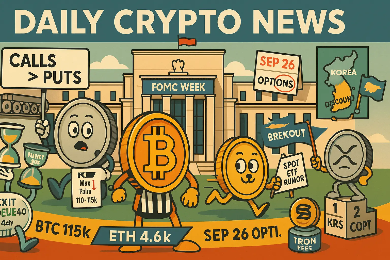 FOMC週の仮想通貨市場を描いた横長イラスト。BTC・ETH・SOL・DOGE・XRPのコイン擬人化、「Calls>Puts」「Exit Queue 45d」「Spot ETF Rumor」など英字、米FOMCを象徴する建物、9/26オプション期日、ビットコイン1ZH/s、TRON手数料、セキュリティ注意帯を配置。