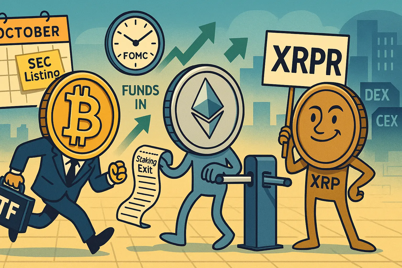 ビットコイン・イーサリアム・XRPのコイン擬人化が、ETFやFOMC、ステーキング退出、XRPR予告など本日の主要トピックをユーモラスに表現した横長イラスト