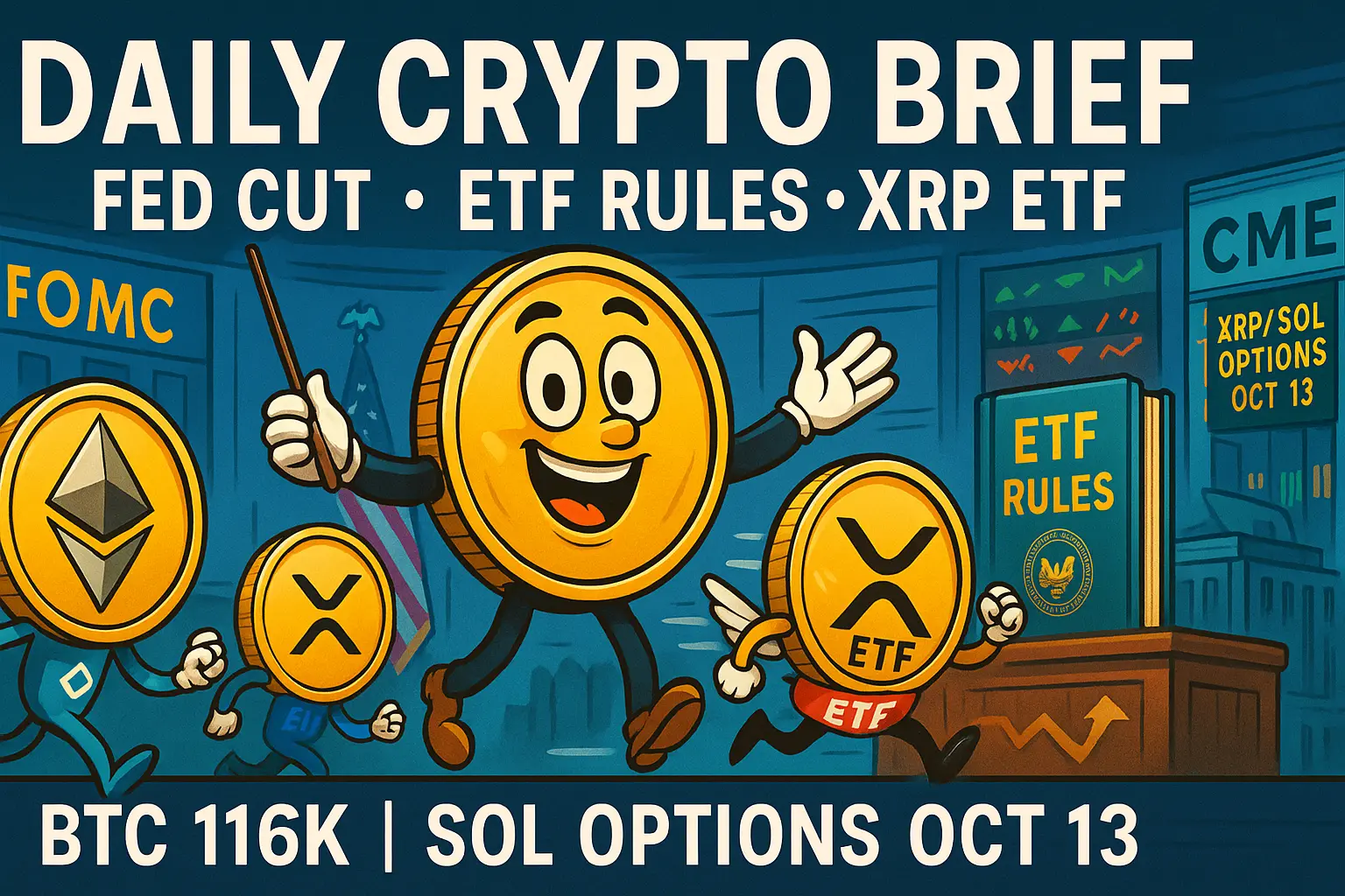 FRBの0.25％利下げ、SECのETF基準承認、XRP現物ETF上場予定、CMEのXRP/SOLオプション計画を、擬人化したコイン（BTC・ETH・XRP・SOL）と英字テキストで軽快に表現した横長アイキャッチ画像