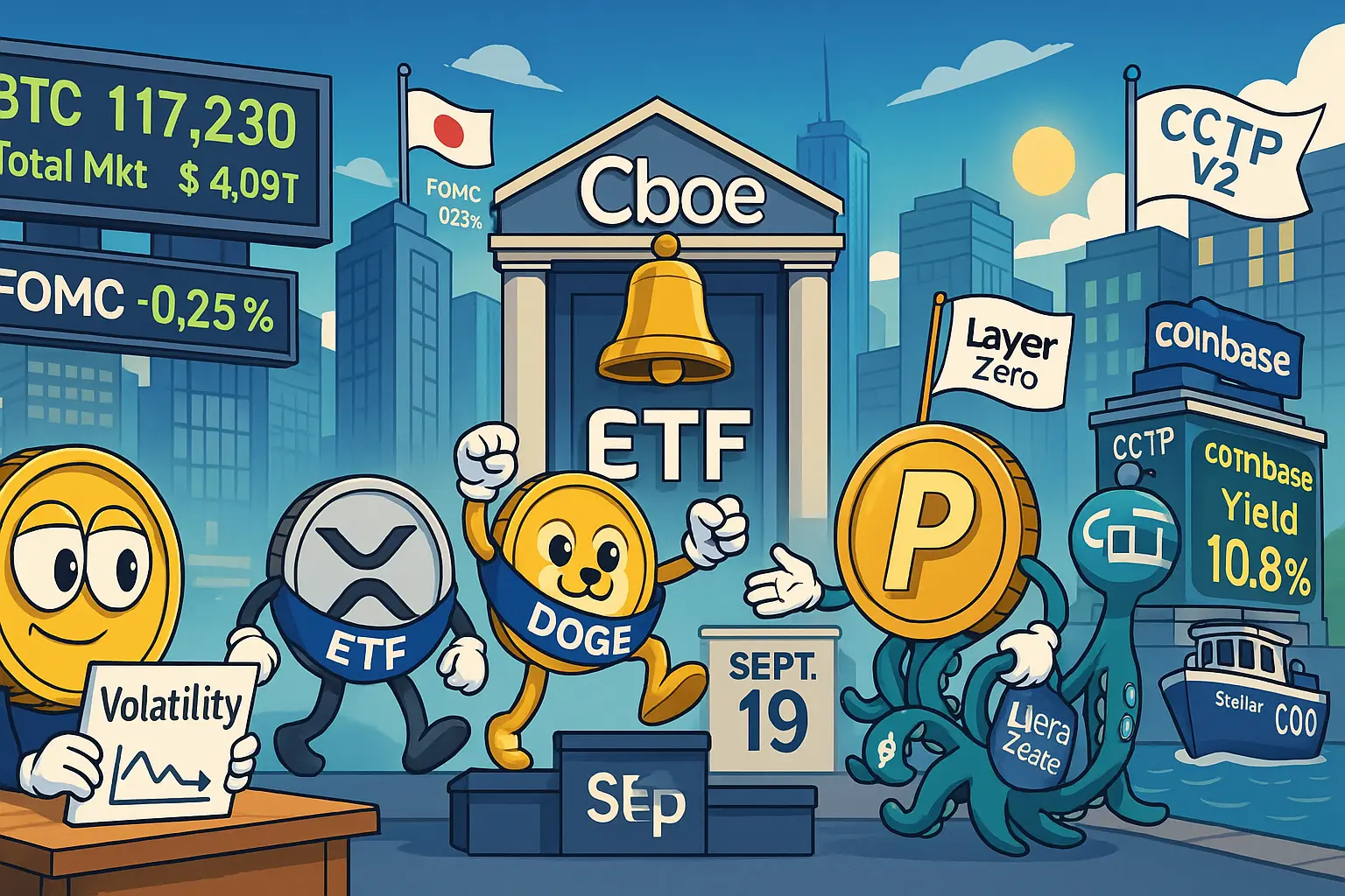 暗号資産ニュースの要点を擬人化コインで表現。XRP/DOGEのETF上場、PYUSDの多チェーン化、USDCのCCTP V2、CoinbaseのUSDC利回り、BTCの低ボラを一枚で示す。