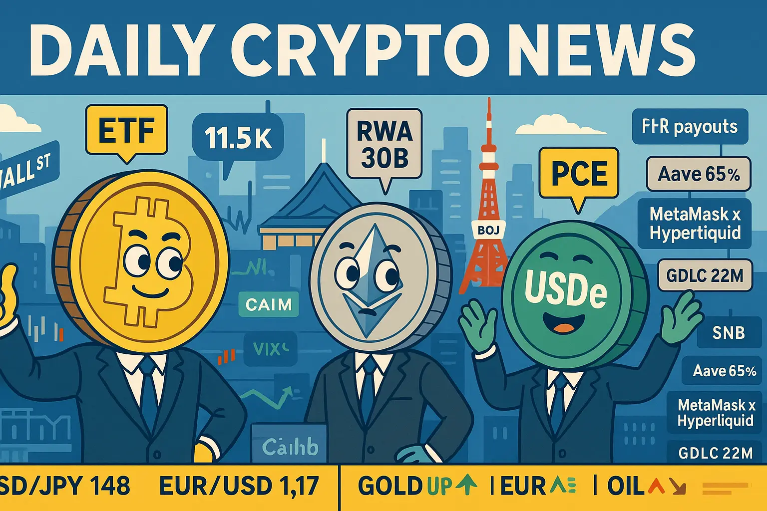 ビットコイン・イーサリアム・USDe・RWA・日銀を擬人化したコインが並び、ETFリスティングの札と矢印で「BTC11.5万ドル」「RWA30B」「USDe14B」「日銀据え置き」を示す編集イラスト