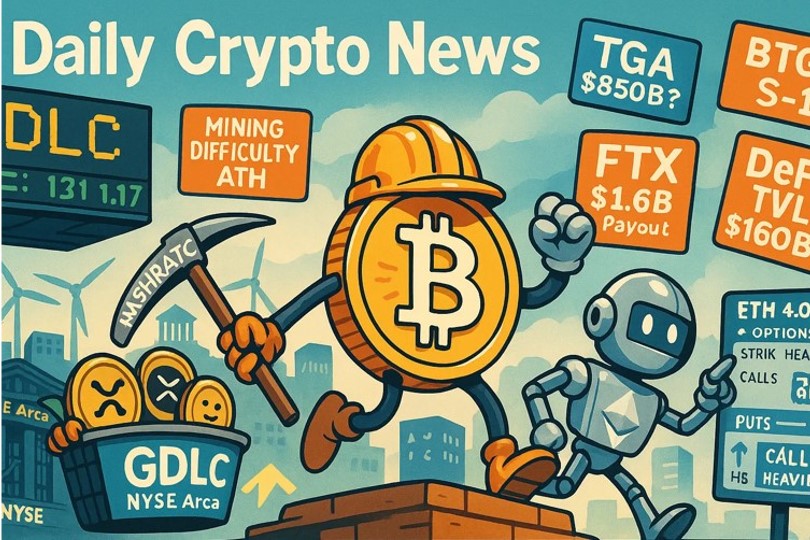 擬人化したBTC・ETH・XRP・SOL・ADAがNYSE掲示板前で「GDLC」バスケットを掲げ、採掘難易度ATHやETHオプション4,000ドル、TGA・BitGo・FTX・DeFi TVLの要素を背景に描いた横長イラスト。相場は小動きでも“器の拡大”とイベント待ちの構図を表現。