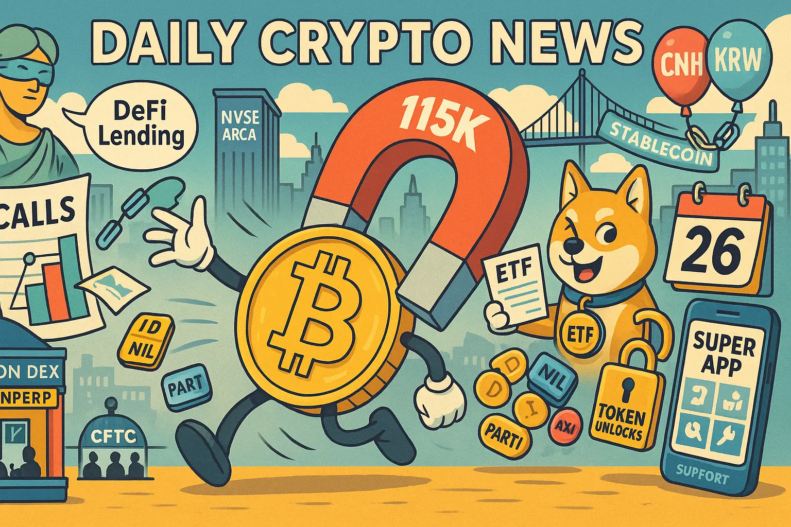 ビットコインが「115K」磁石に引かれ、DOGEのETF構想、CNH/KRWステーブル、パーペチュアルDEX、CFTC/SECの動き、PCEやトークンアンロックなど本日の主要テーマを一望できるイラスト