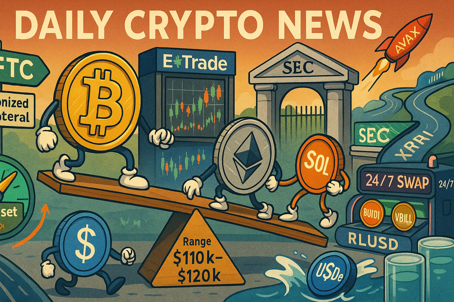 暗号資産の擬人化コインがシーソーで$110k–$120kのレンジを行き来し、CFTC・SEC、RLUSD×BUIDL/VBILLの24/7交換、ETradeの暗号資産取引、USDe拡大、AVAX上昇、XRPL連携を象徴的に描いたアイキャッチ画像です。