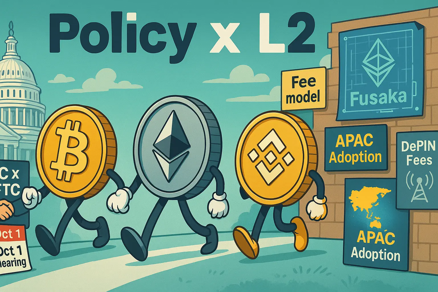 暗号資産ニュースのアイキャッチ：BTC・ETH・BNBを擬人化し、政策（SEC×CFTC協調・上院公聴会）とL2課題（Fusaka、手数料設計）、APAC採用、DePIN手数料高騰を一枚で示した横長ビジュアル。