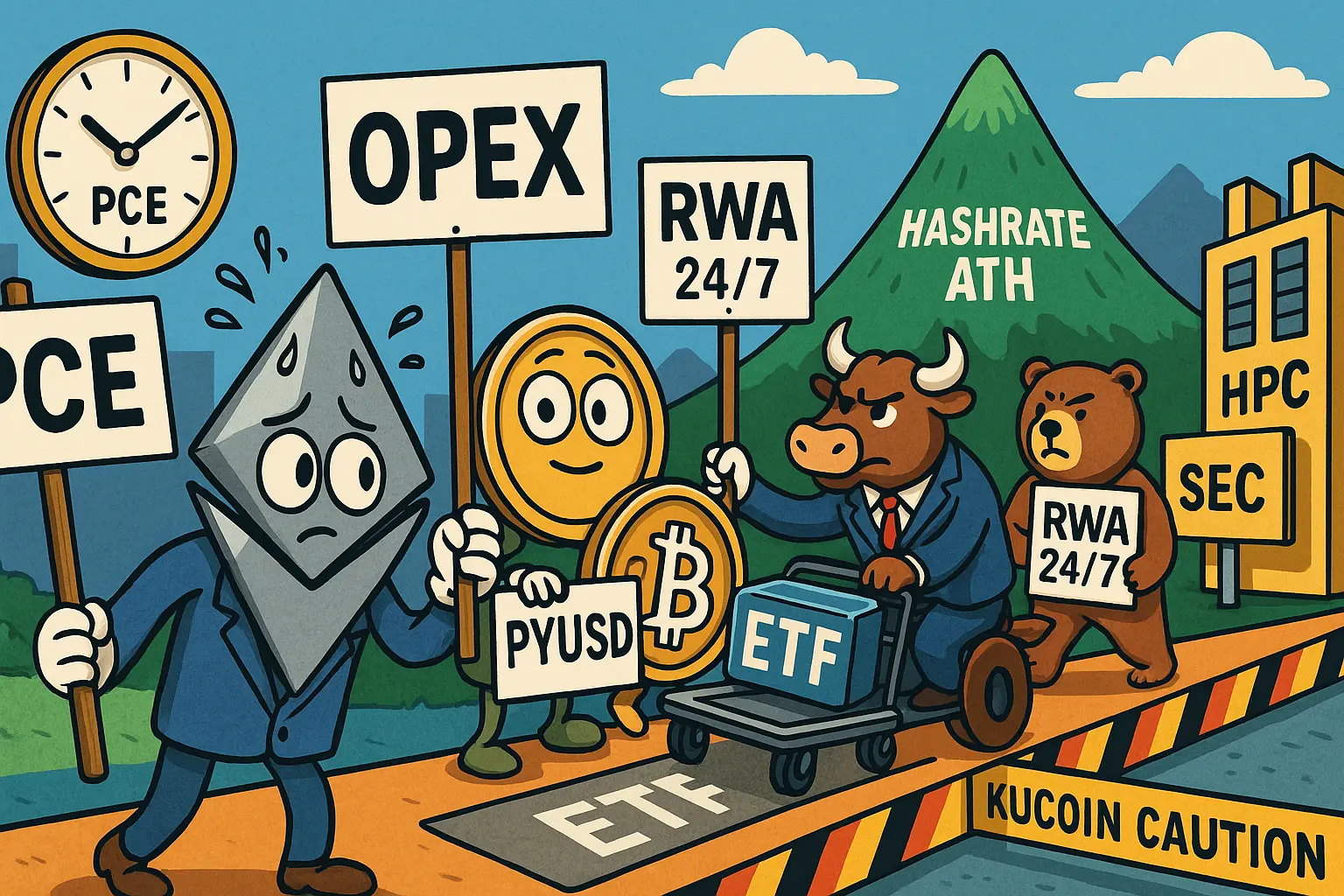 ビットコインやPYUSDなどの擬人化コインがPCEと月末オプション満期、ETF拡大、RWA化、ハッシュレートATH、規制強化を象徴する英字ボードの前で行進する風刺イラスト（1200×630）