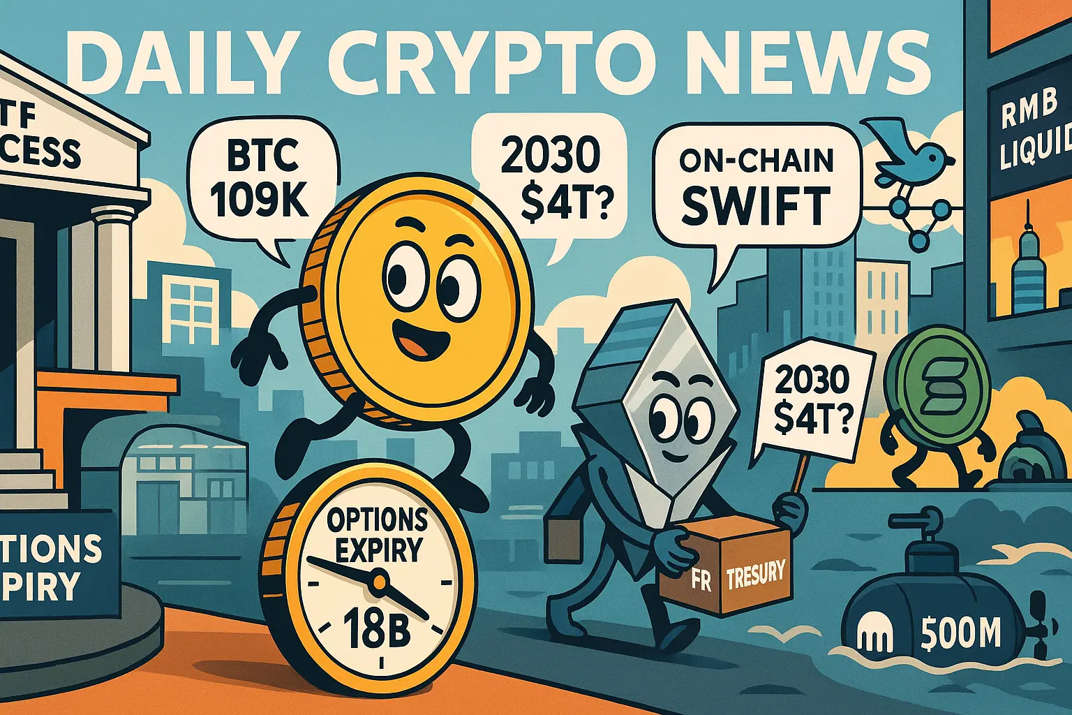 ビットコインが「OPTIONS EXPIRY 18B」の時計に乗り、ETHがトレジャリー箱を運ぶなど、PCE2.7％・ETFアクセス・SWIFT×Linea・Kraken資金調達・ステーブル成長を風刺した横長アイキャッチ