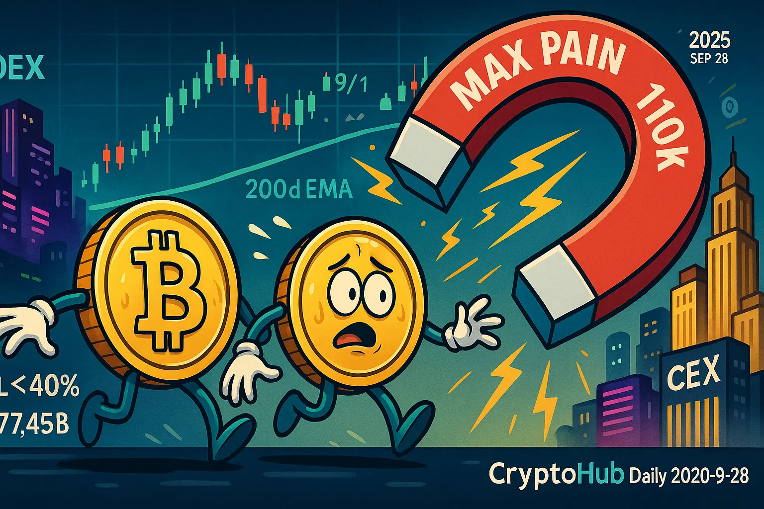 ビットコインとイーサリアムの擬人化コインが「MAX PAIN 110k」の巨大磁石に引き寄せられる様子を描いたアイキャッチ。背景に200日EMAや9/1安値、CEX/DEXの都市景観、低ボラやOIの英字注記を配し、オプション満期とテクニカルの攻防をユーモラスに表現しています。