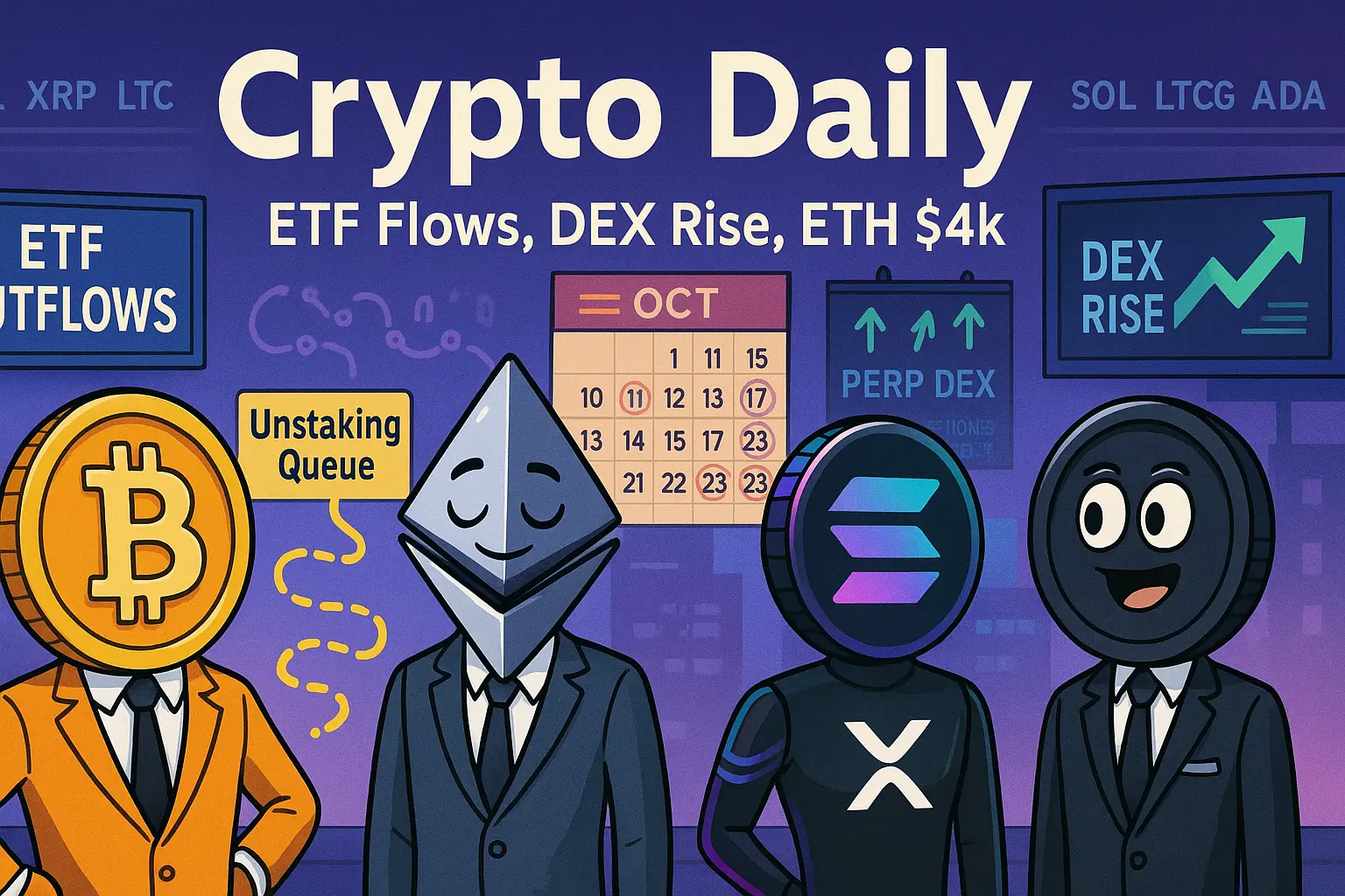 ETF資金流出・DEX台頭・ETHアンステーキング待機を擬人化した暗号資産キャラクターのイラスト（BTC・ETH・SOL・XRP）、背景に10月のイベントカレンダーと相場掲示板