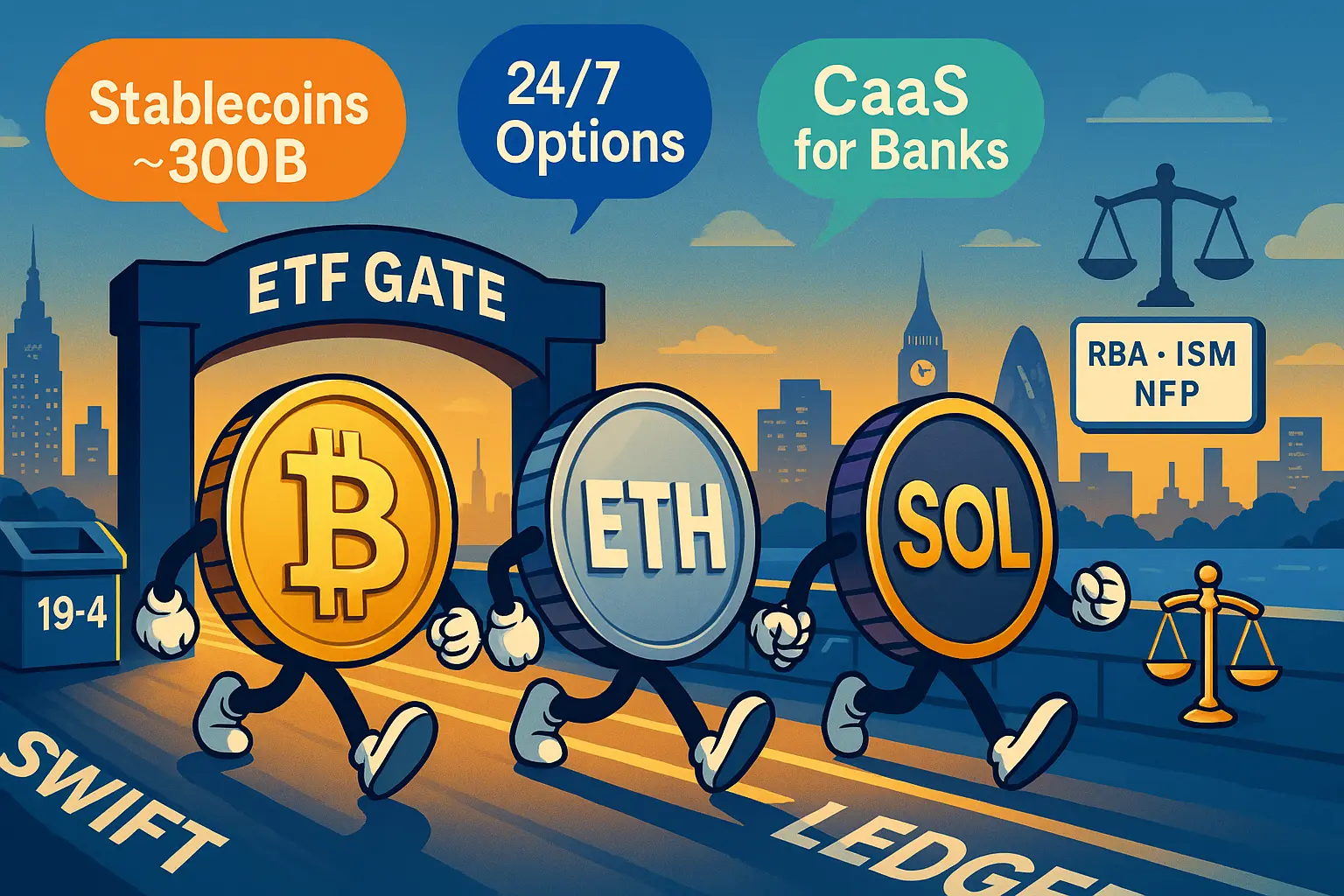 暗号資産ETFのS-1一本化観測、ステーブルコイン拡大、SWIFT台帳試行を、擬人化したコイン（BTC/ETH/SOL）が「ETF GATE」を進む風刺的シーンで表現した横長イラスト。1200×630。