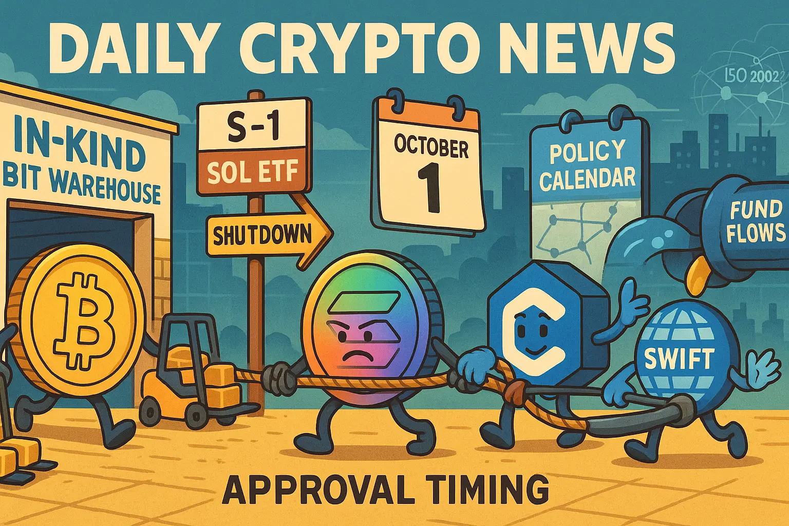 ビットコインとソラナの擬人化キャラクターが「承認タイミング」と「シャットダウン」の綱引きをし、左にIBITの“IN-KIND”倉庫、右にSWIFT×Chainlinkの資金フロー管が描かれた横長のアイキャッチ画像