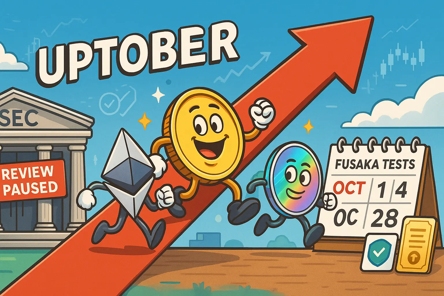 上向き矢印「Uptober」に乗る擬人化コイン（BTC・ETH・SOL）。左に「SEC Review Paused」の建物、右に「Fusaka Tests 10/14・10/28」のカレンダー、背景にIDバッジとRWAの象徴アイコン。
