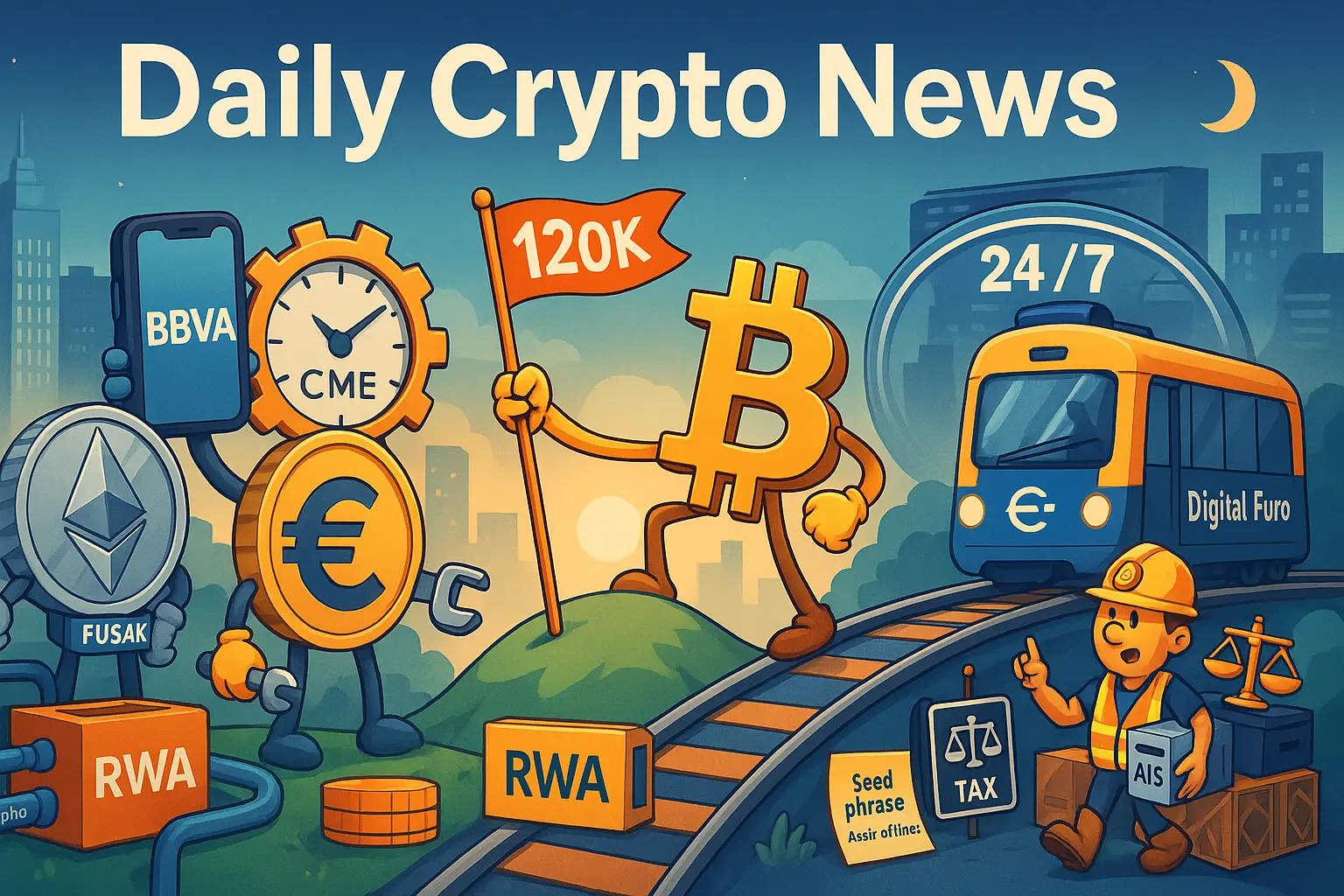 ビットコインが「120K」旗を掲げ、CMEの24/7歯車、BBVAの銀行アプリ、デジタルユーロ電車、RWA・DeFi配管、マイニング税と種フレーズ注意を一枚で示す編集イラスト