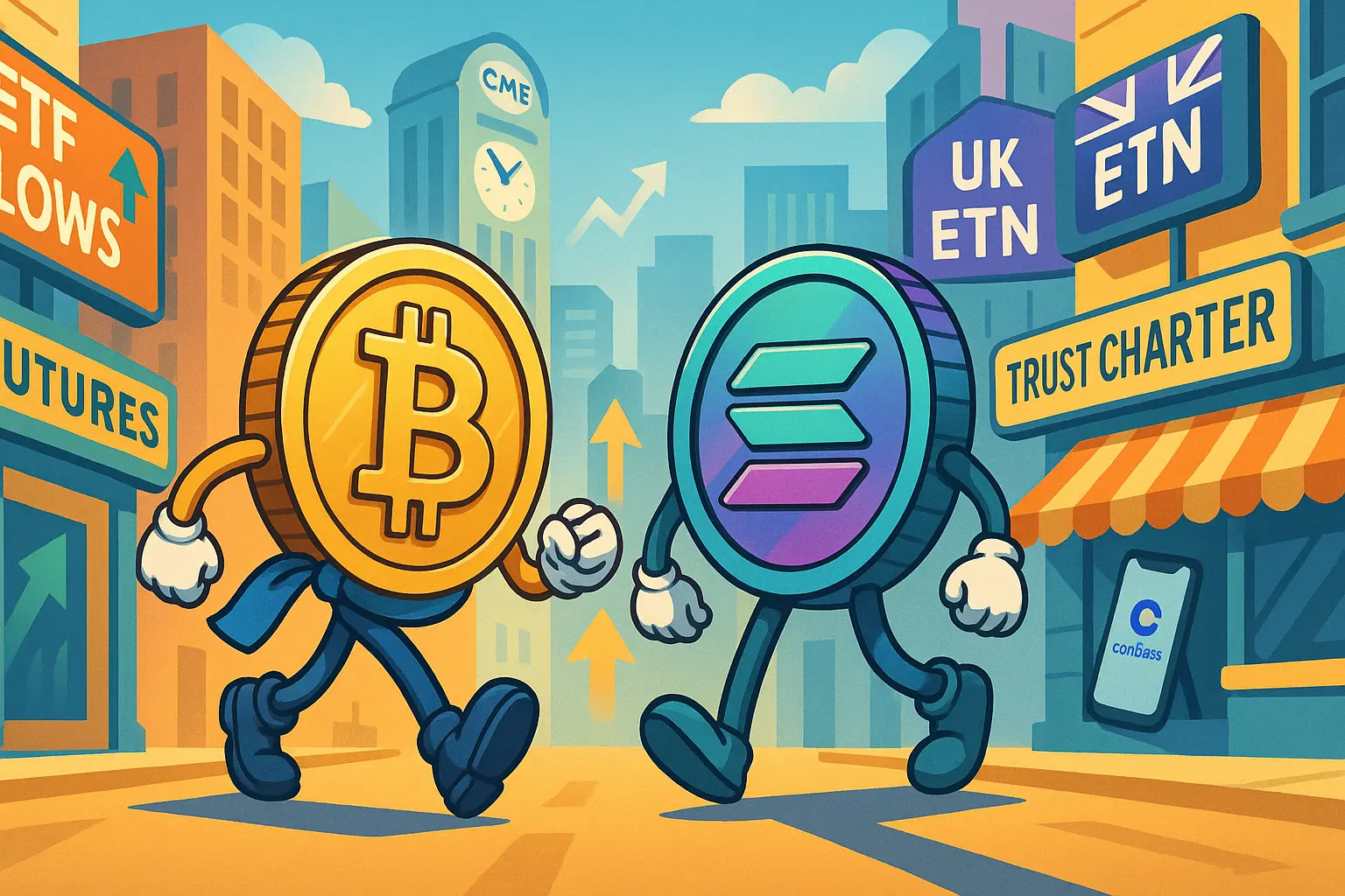 ビットコインとソラナを擬人化したコインが都市を歩く。背景に「ETF FLOWS」「24/7 FUTURES」「UK ETN」「TRUST CHARTER」の英字看板、スマホのCoinbase風画面、上向き矢印とCME時計塔。明るくユーモラスな横長イラスト。