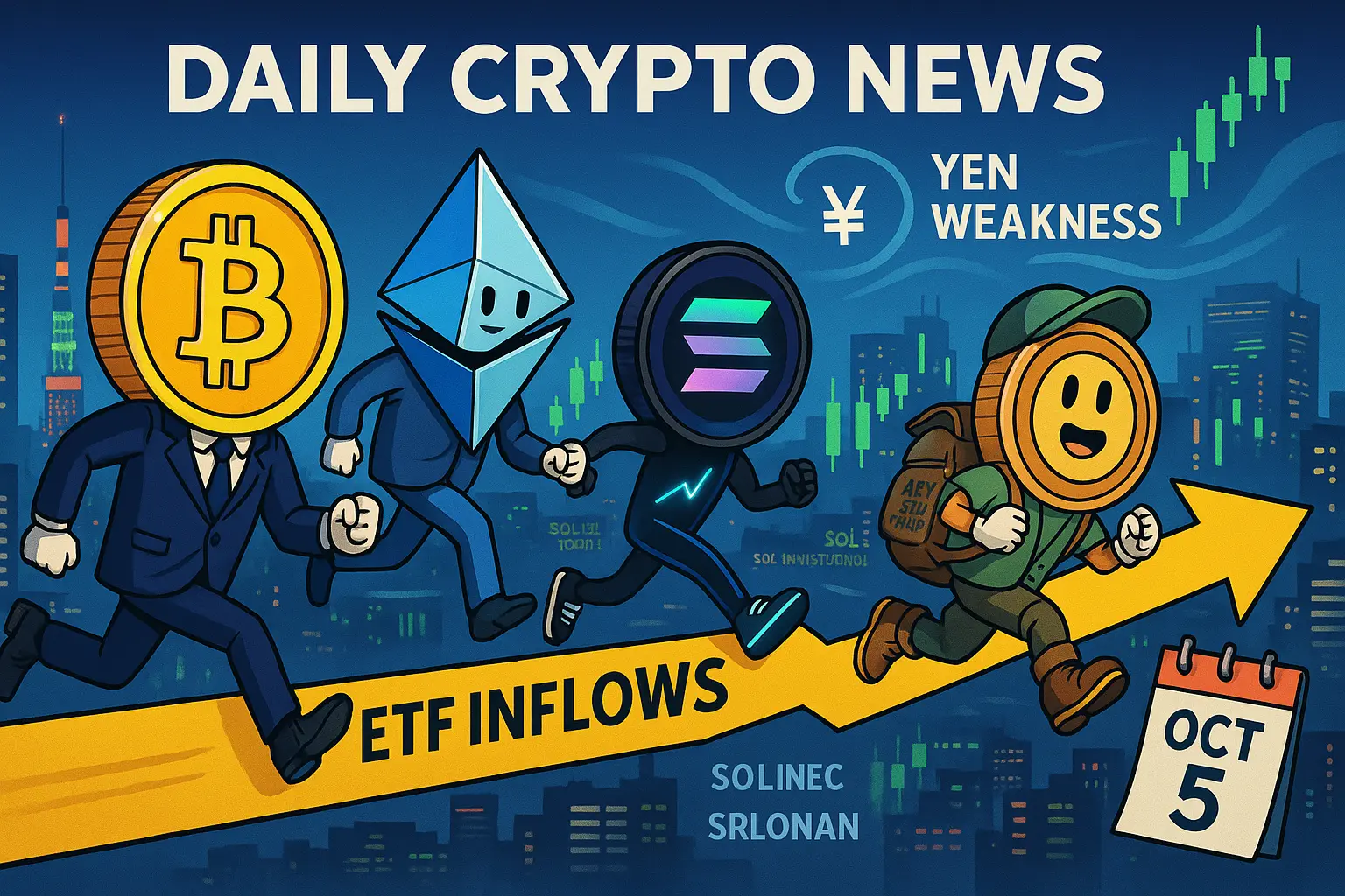 夜の都市を背景に、擬人化したBTC・ETH・SOL・APTが「ETF INFLOWS」と書かれた上向き矢印を駆け上がる。上空に「YEN WEAKNESS」、ろうそく足やカレンダー「OCT 5」を配置。ETF流入再加速と円安・株高を風刺した1200×630の横長イラスト。
