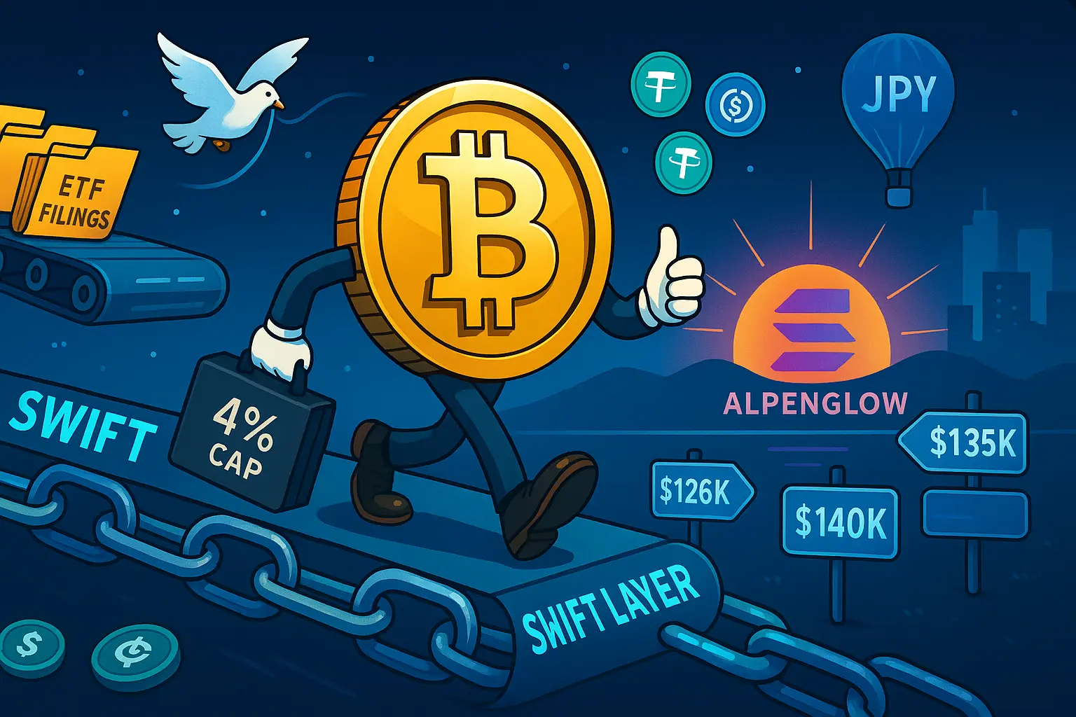 ビットコインのコイン擬人化キャラクターが「SWIFT LAYER」の鎖橋を渡り、横にETF申請の書類、上空にUSDT/USDC/USDe、遠景にSolana「ALPENGLOW」の朝日、前方に$126k/$135k/$140kの標識とJPY気球が浮かぶイラスト