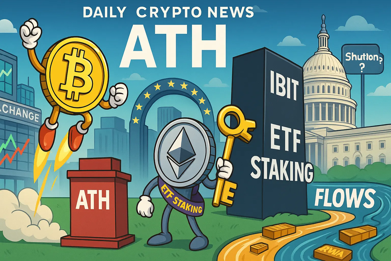 暗号資産市場の主役はビットコインの最高値更新とイーサリアムETFのステーキング解禁。IBITの資金流入、RWAと規制の前進も一枚で示す編集イラスト。