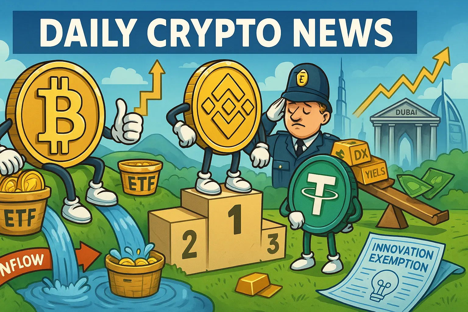 ビットコインとBNBを擬人化し、ETF資金流入と規制動向（英BOEの上限見直し、米SECのイノベーション例外、ドバイVARAの監督強化）を象徴的に描いたアイキャッチ。金高・ドル高、短期金利の上振れと価格調整の同時進行も表現。
