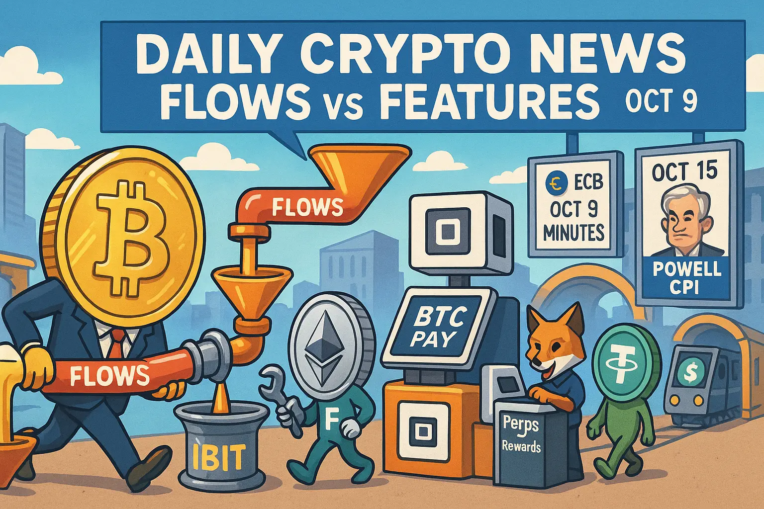 ビットコインETF資金フローとSquareのBTC決済、MetaMaskのパーペ統合、Polymarket動向を擬人化した風刺イラスト（10月9日）