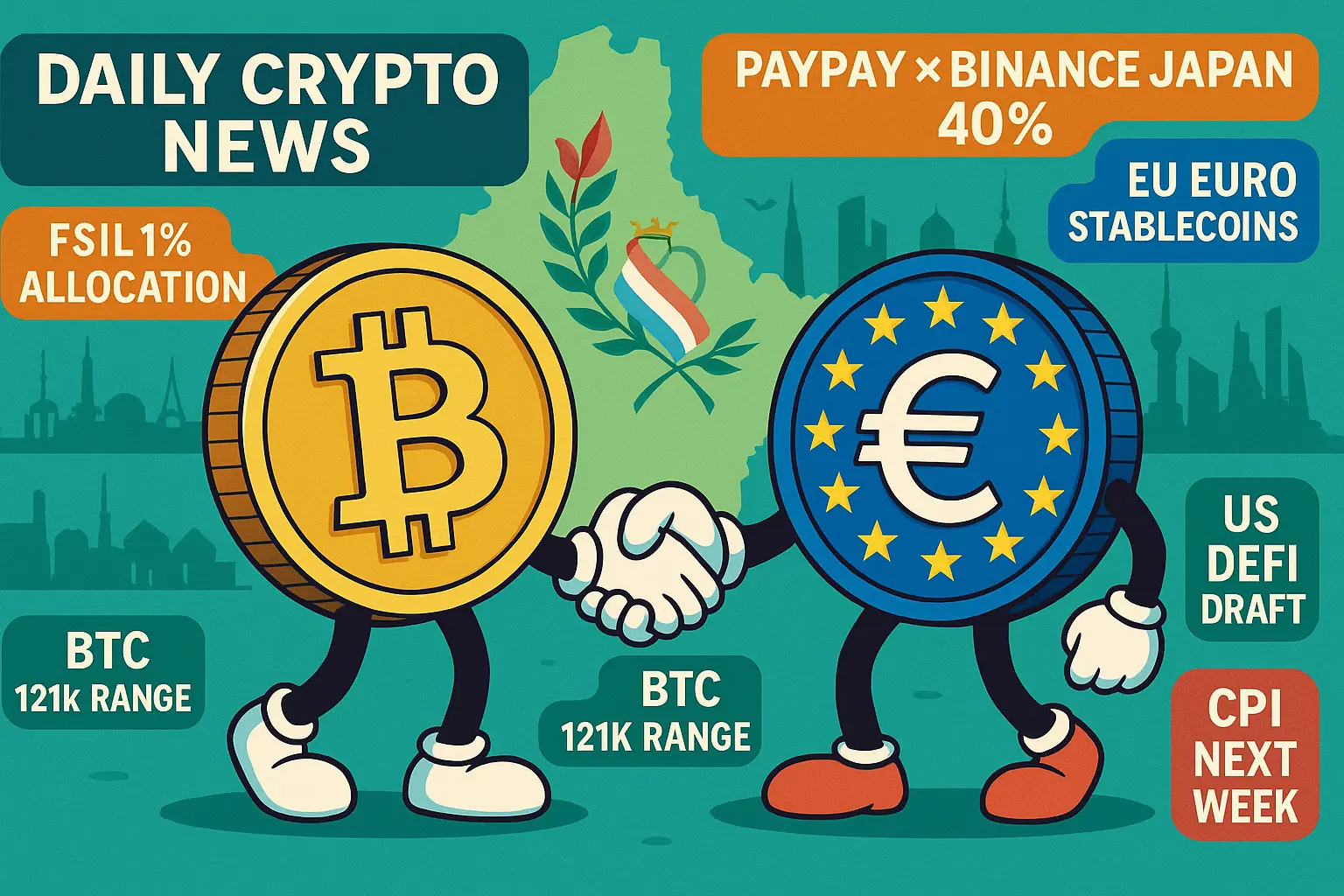 ビットコインとユーロ建てステーブルを擬人化し握手するイラスト。背景にルクセンブルクを象徴するモチーフと、FSILの1％配分、PayPay×Binance Japan、BybitのUAE SCAフル認可、米DeFi案、来週のCPIなど主要トピックを英字で配置。