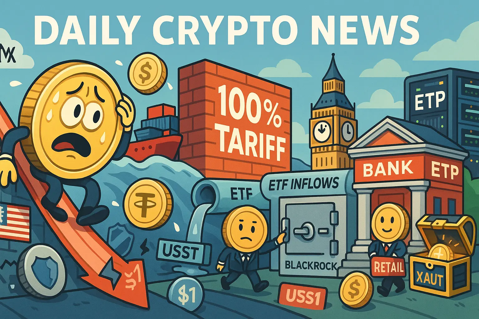 ビットコインの擬人化キャラクターが下落ローラーコースターに乗り、背景に「100% TARIFF」の壁やVIX、ETF流入の金庫、ロンドンのETP、AIデータセンター、XAUTの宝箱、USSTの$1割れが描かれた風刺イラスト。米中関税の衝撃とETF資金流入の対比を示す。