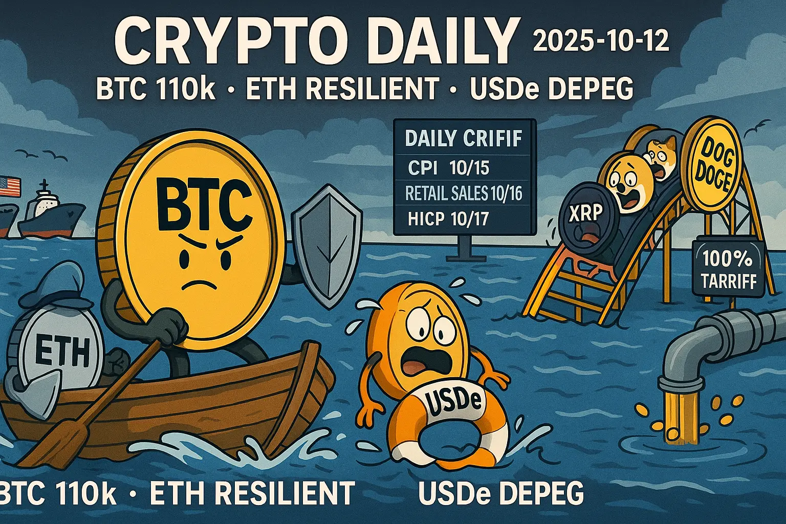 BTCとETHを擬人化したコインが荒波を進み、USDeが浮き輪で慌てる。背景に「CPI 10/15・Retail 10/16・HICP 10/17」や「100% Tariff」の看板、XRP・DOGE・AAVEが絶叫コースターで乱高下を表現。