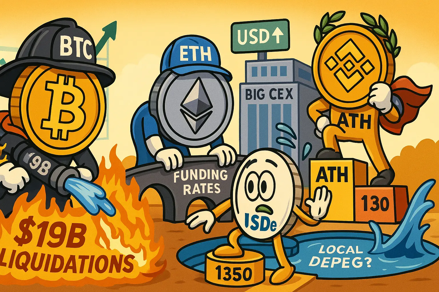 ビットコイン・イーサリアム・BNB・USDeを擬人化し、$19B清算の消火、資金調達率の安定、BNBの最高値、USDeの局所乖離、ドル高・VIX19台を象徴的に描いた編集イラスト。