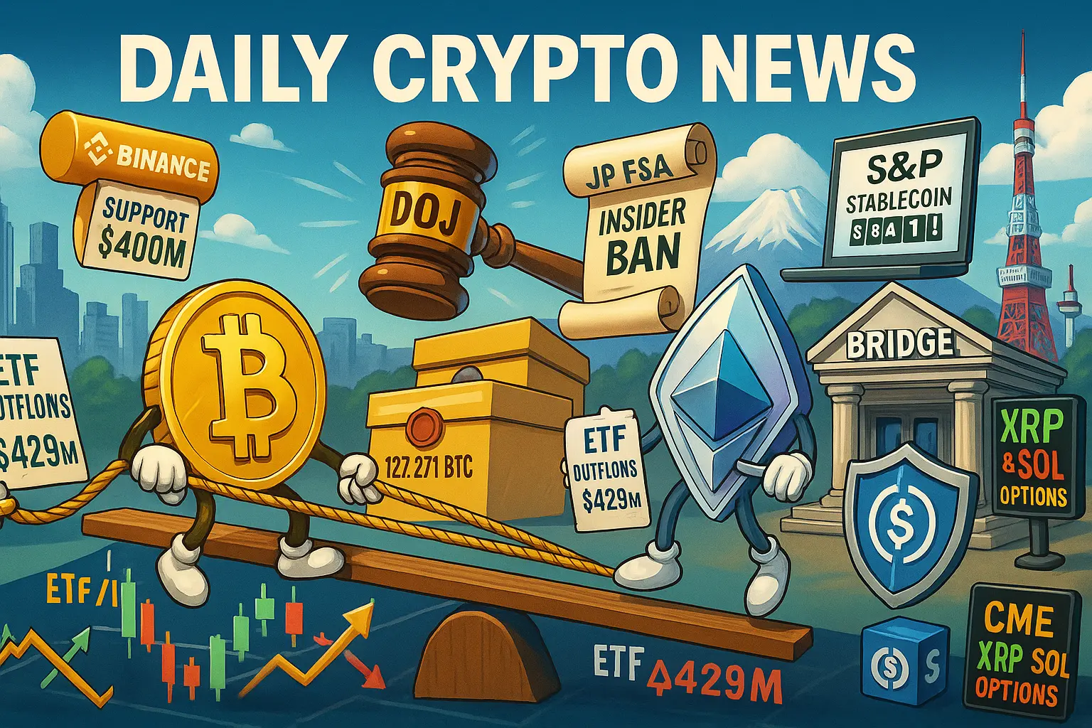 ビットコインとイーサリアムの擬人化キャラクターがシーソーで均衡し、ETF資金流出、Binanceの4億ドル支援、米司法省の没収申立、日本のインサイダー取引禁止、S&P×Chainlinkの評価、Stripe Bridge、Safe×Circle、CMEのXRP・SOLオプションなどを英字アイコンで示した編集イラスト。背景は米国と日本の街並み。