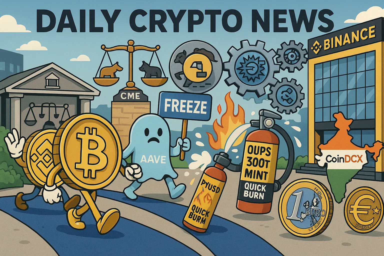 青いカーペットを歩く擬人化コイン（BTCとBNB）、Aaveのゴーストが「FREEZE」掲示、PYUSD誤ミントを消火器で「QUICK BURN」と消す場面。左にCMEの天秤、右にBinanceビル、歯車で示すEthereum「Fusaka」、EURODのユーロ硬貨、インド地図とCoinDCXの看板を背景に配置。