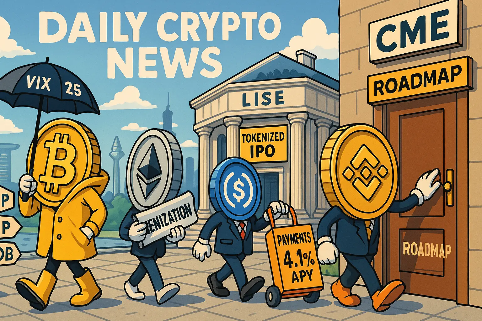 暗号資産の主要トピックを一枚に表現。BTCはVIX傘で様子見、ETHはトークン化の設計図、USDCは決済と利回り、BNBはCoinbaseのロードマップへ。背景にLiseの「Tokenized IPO」とCMEの看板を配置し、ステーブル×トークン化×デリバの同時進行を象徴。
