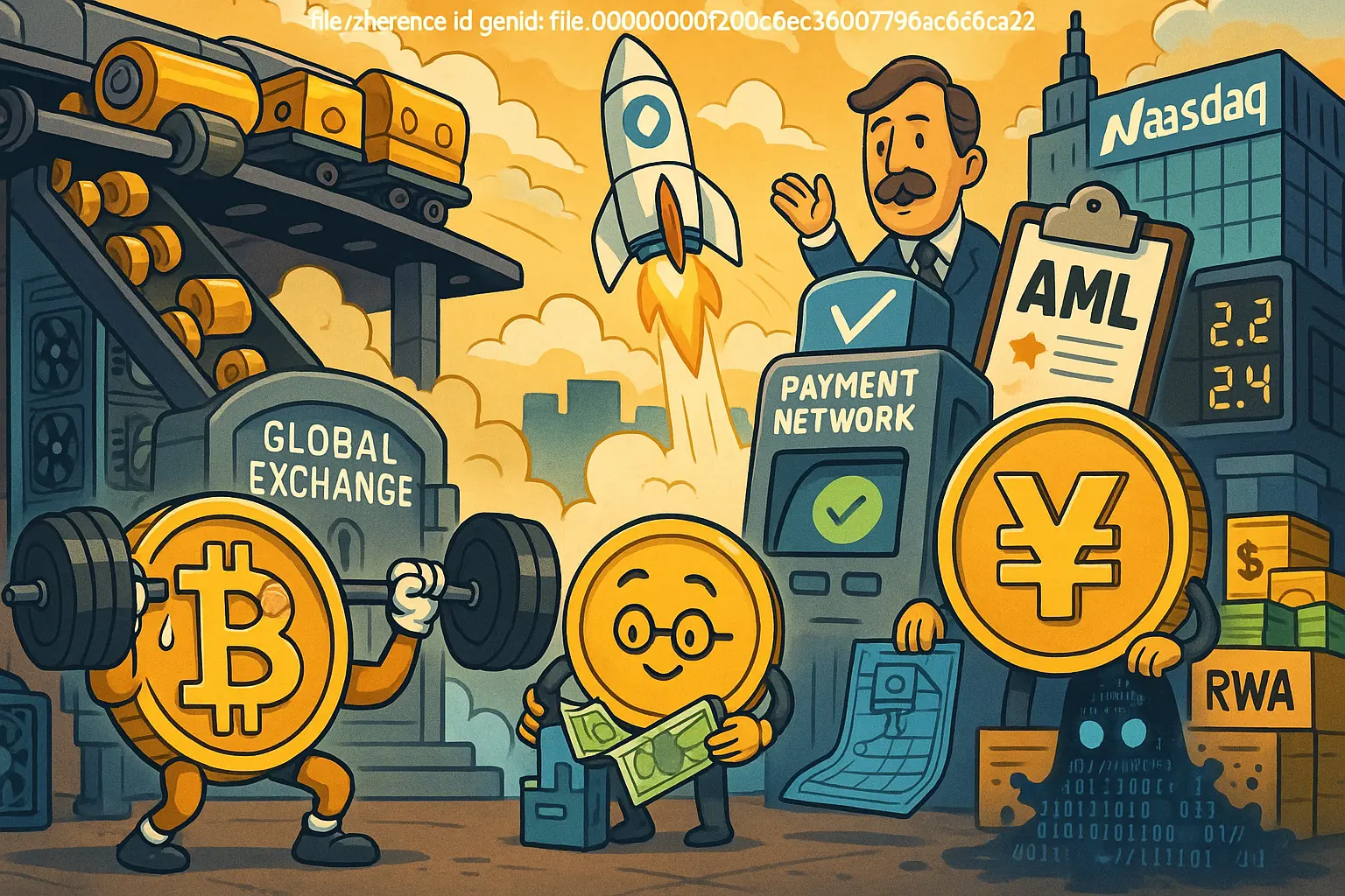 ビットコインのコイン擬人化がバーベルを持ち、取引所のコンベヤーとAIラックに囲まれる。となりで円マークのコインが設計図を掲げ、決済ネットワークのロケットが打ち上がる。背景には「AML」ボードとユーロ圏HICPの数値、RWAの木箱、Nasdaqビルが描かれ、今日の記事の主要トピック（マイナー売り、円ステーブル、Tempo、MiCA、RWA）を象徴。