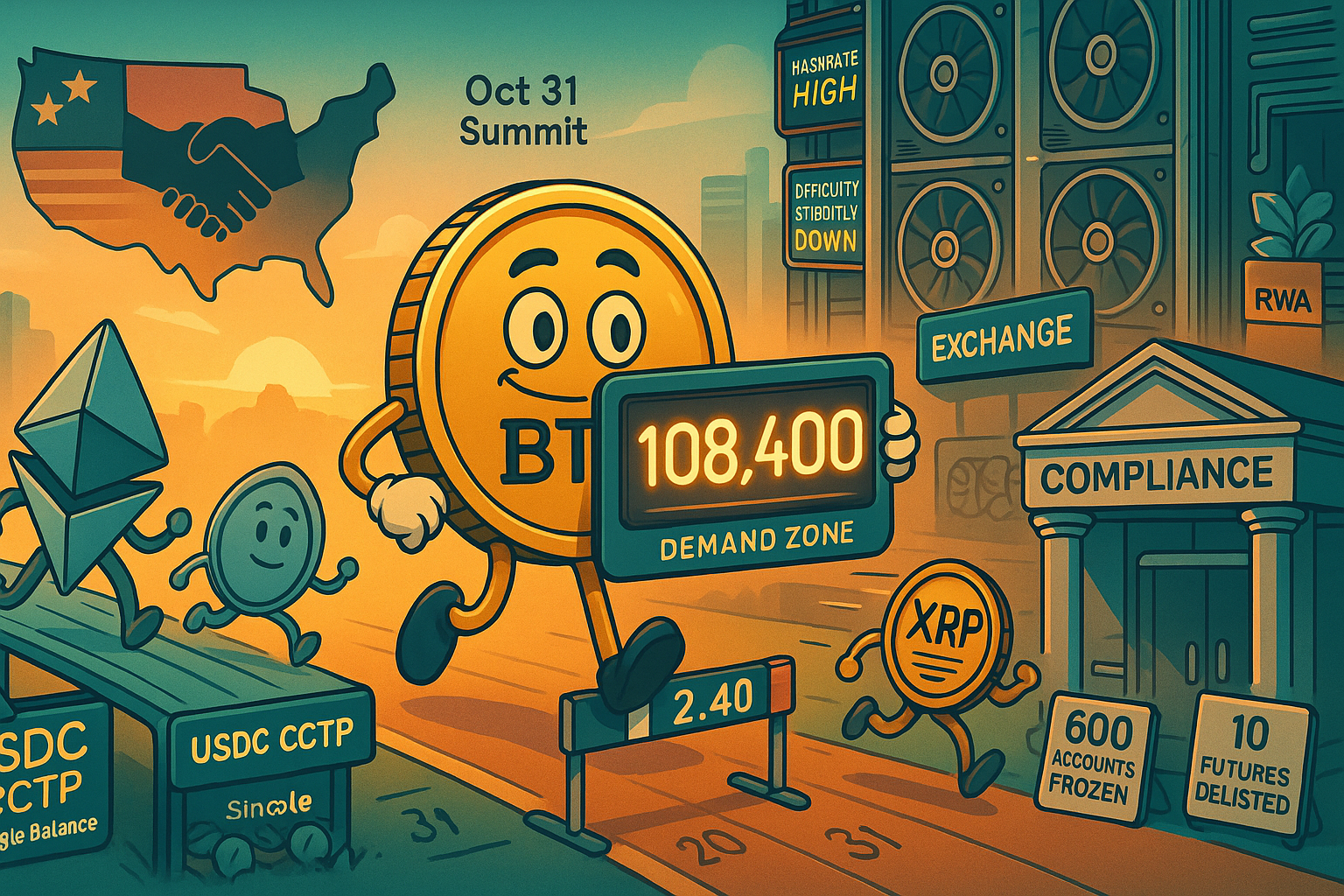 ビットコインが「108,400」の看板を掲げて走り、背後で米中首脳会談（Oct 31）を示す握手アイコン、右側に「ハッシュレート高」「難易度わずかに低下」の採掘装置、手前でXRPが「2.40」のハードルに挑み、左側でETHとUSDC（CCTP）がブリッジを渡り、取引所の「コンプライアンス」「口座停止」「デリスト」看板とRWAの木箱が並ぶ、という風刺的な1200×630の横長イラスト。
