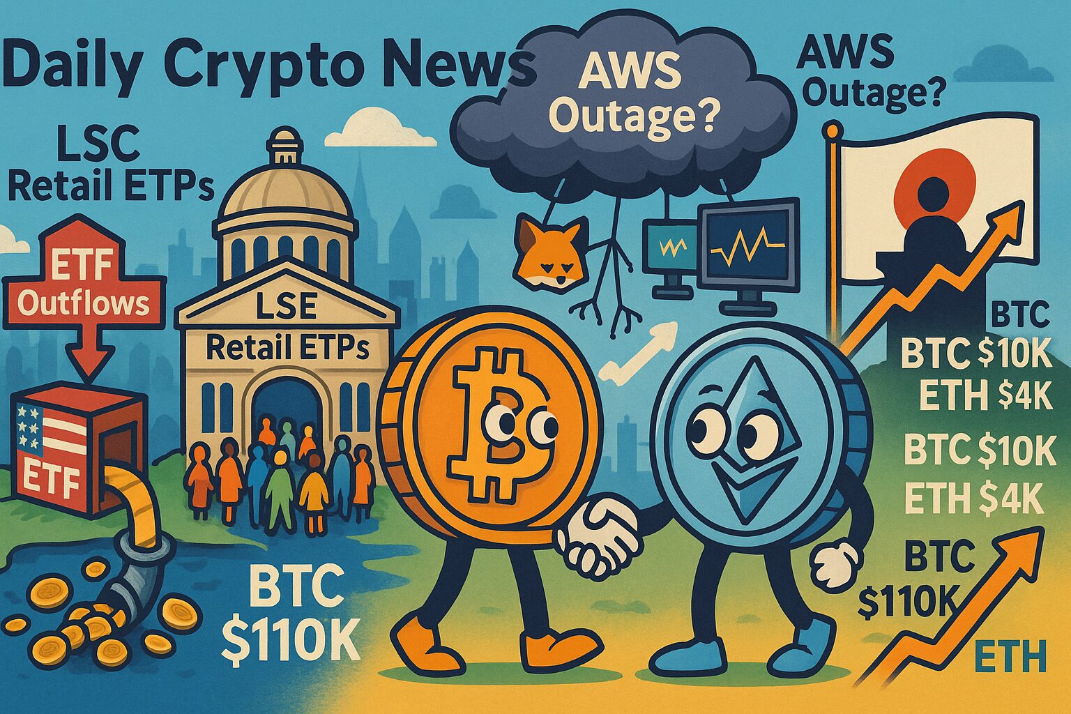 ビットコインとイーサリアムを擬人化し、米ETF資金流出とLSEのリテールETP開始、AWS障害、日本の新政権期待を一枚で示したアイキャッチ